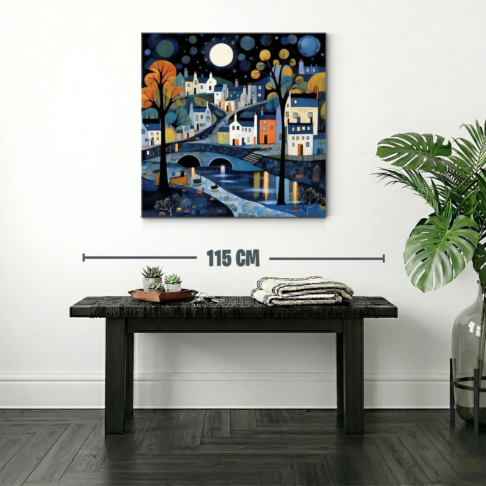 Paisaje nocturno de pueblo con luna llena y reflejos brillantes — miniatura 2