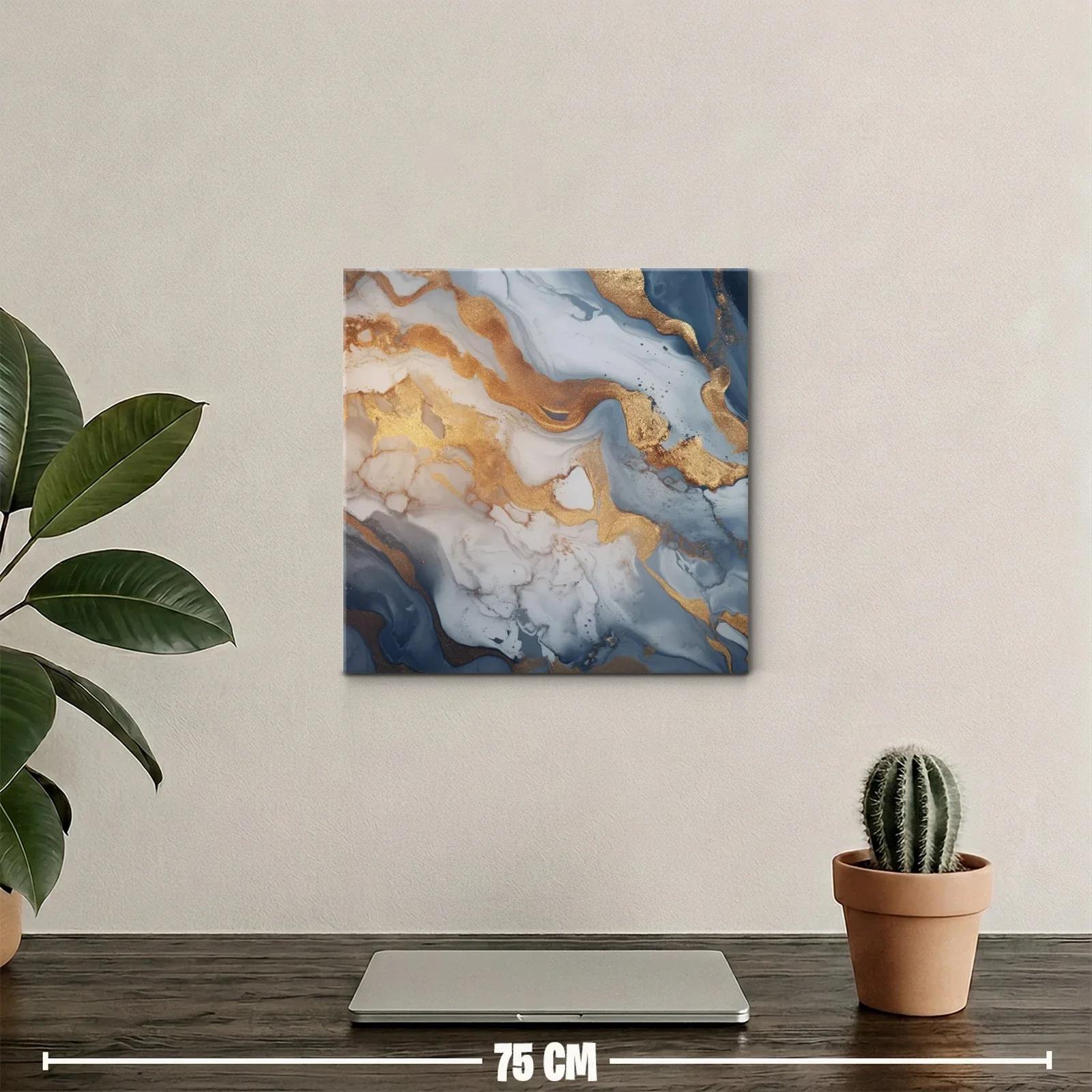 Cuadro abstracto con tonos dorados y azul grisáceo — miniatura 2