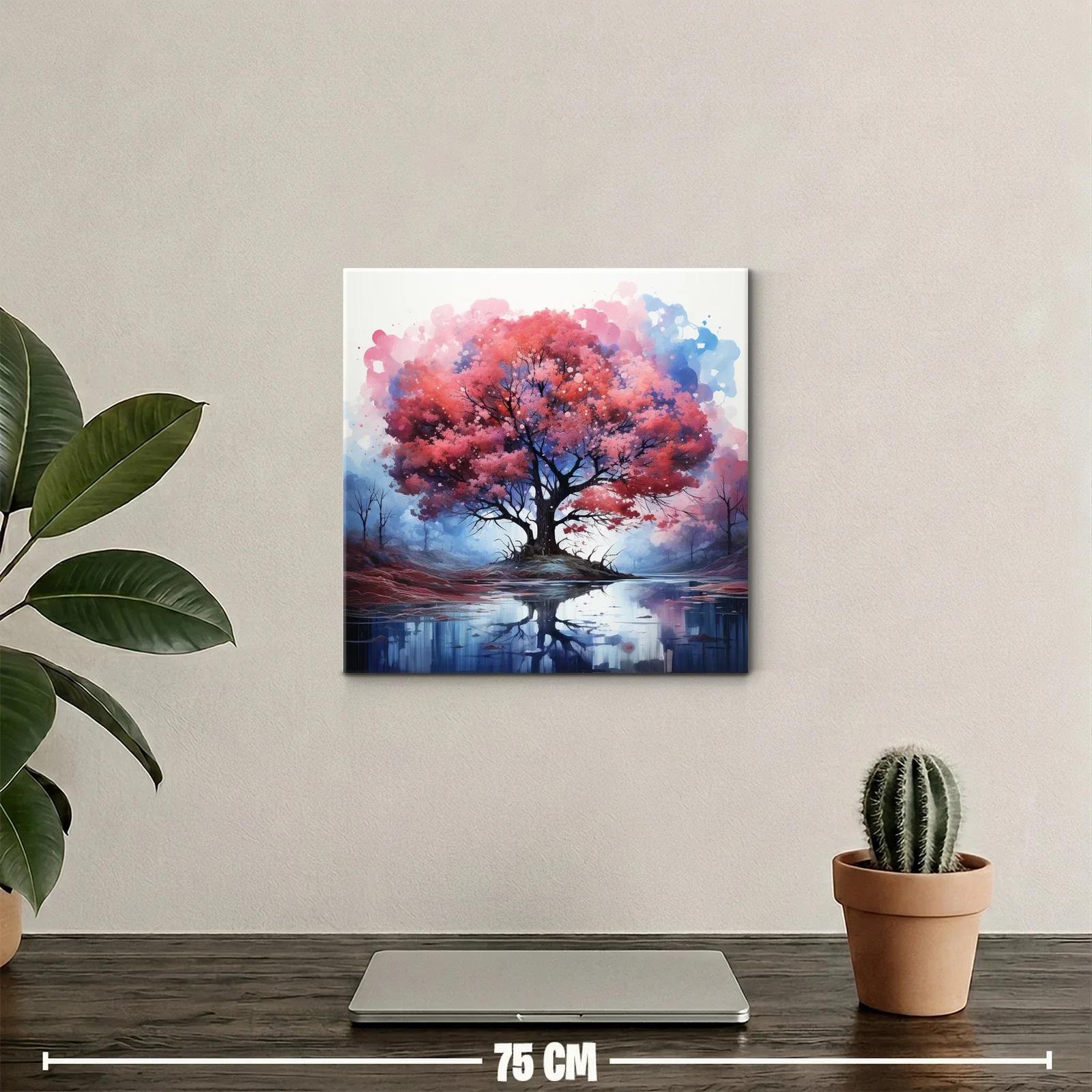 Árbol rojo reflejado en lago sereno con tonos azules — miniatura 2