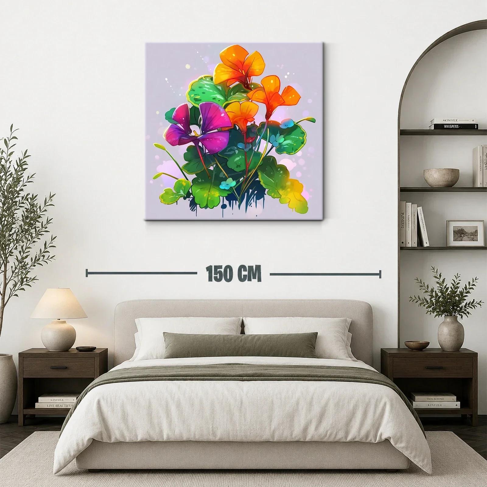 Cuadro floral vibrante con tonos naranjas y púrpuras — miniatura 3