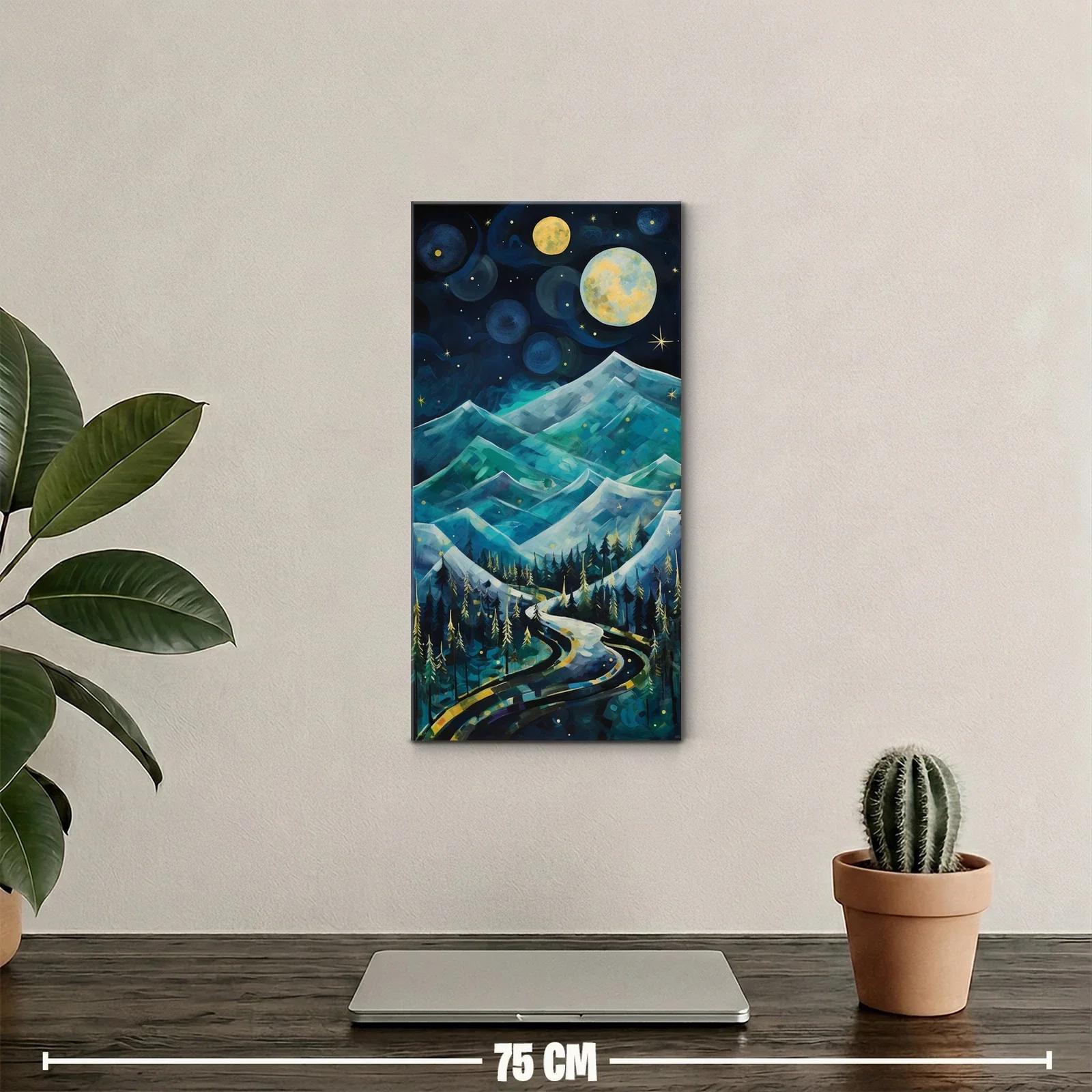 Cuadro montañas nevadas bajo la luna con camino serpenteante — miniatura 2