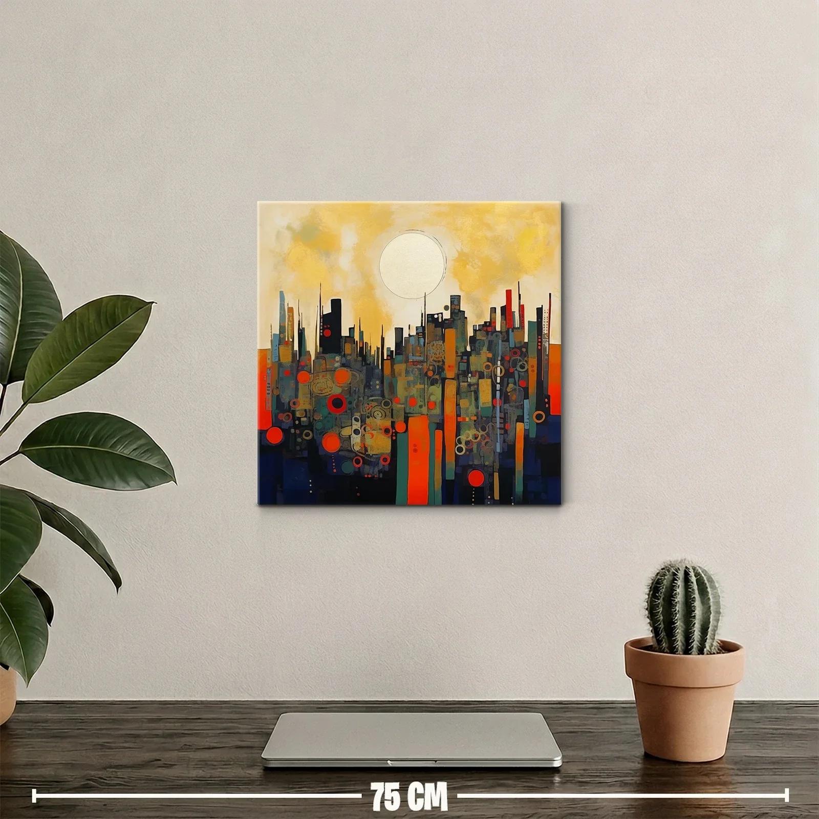 Cuadro abstracto paisaje urbano con círculo dorado — miniatura 2