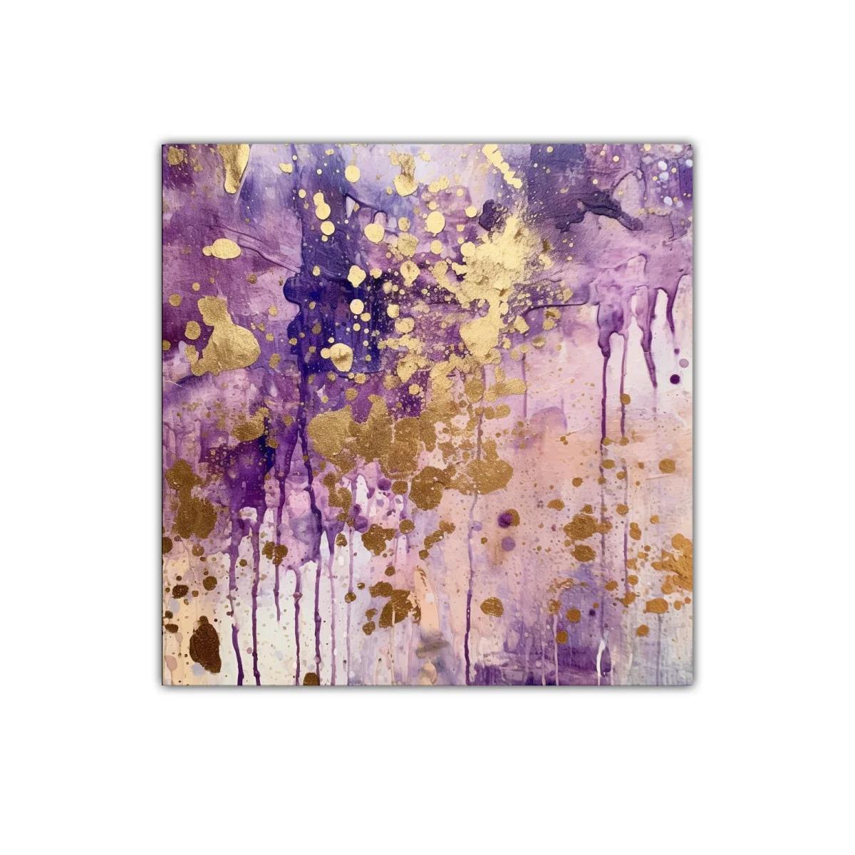 Cuadro abstracto con salpicaduras doradas y tonos morados — miniatura 1