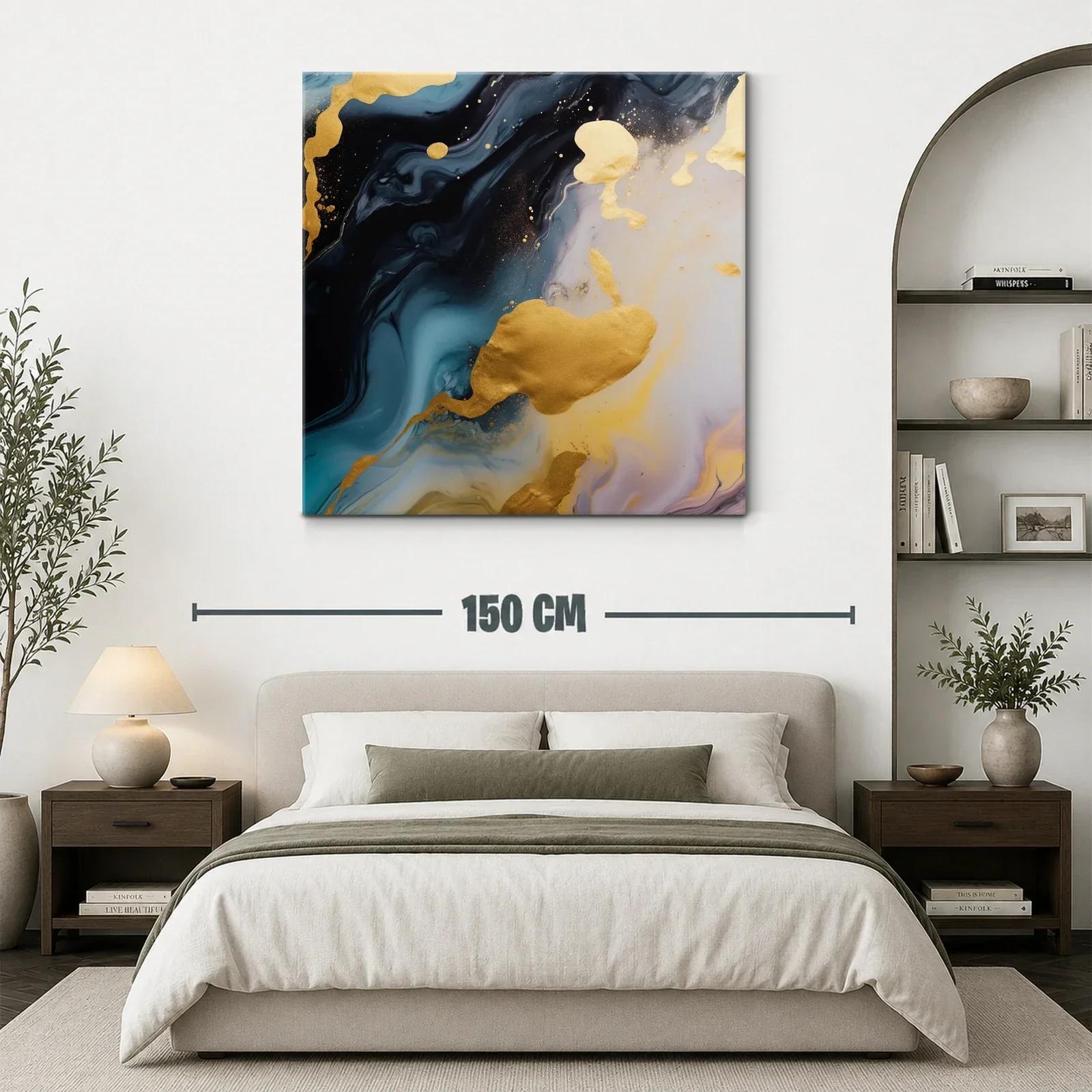 Cuadro abstracto con destellos dorados y tonos profundo azul — miniatura 3