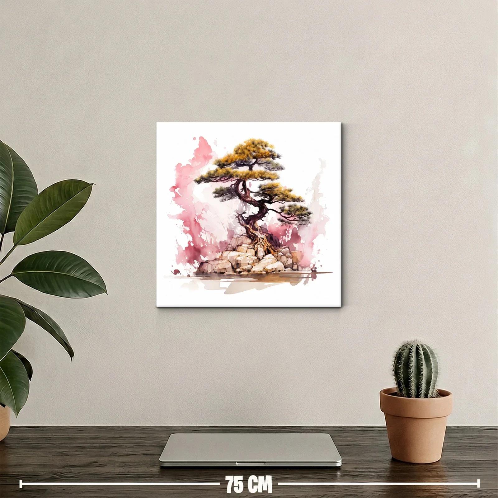 Árbol bonsái sobre rocas con fondo acuarelado rosa — miniatura 2