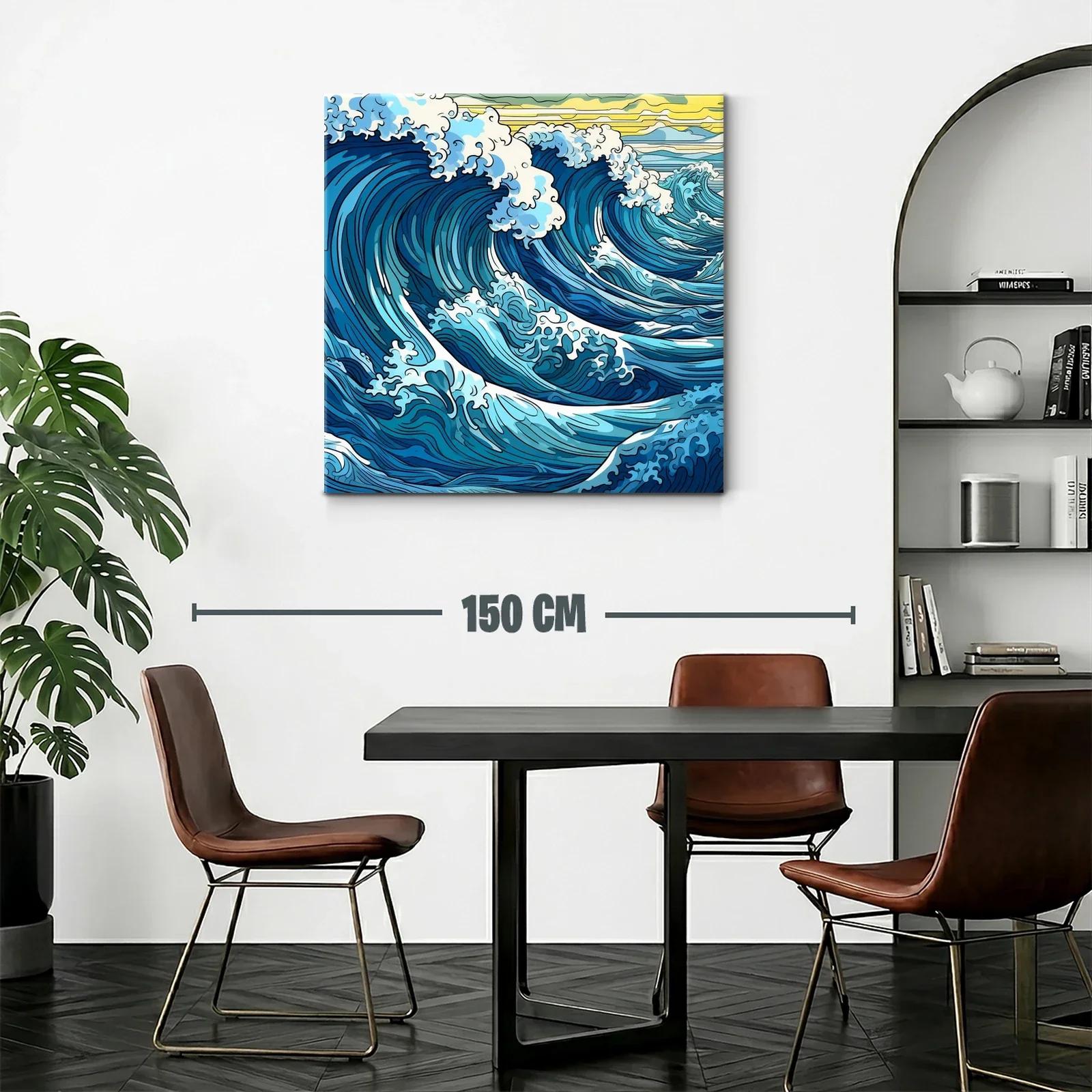 Vibrantes olas azules con espuma blanca y cielo amarillo — miniatura 2