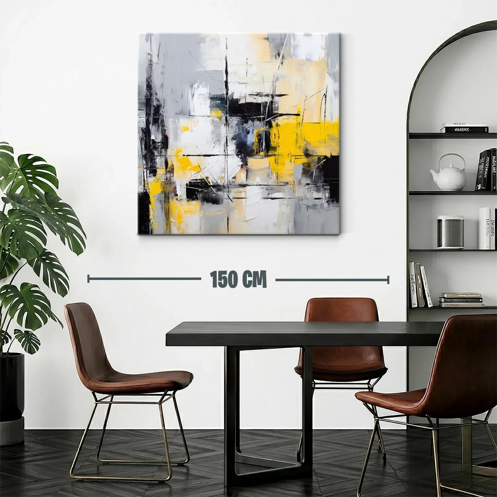 Cuadro abstracto con tonos grises, negros y amarillo vibrante — miniatura 2