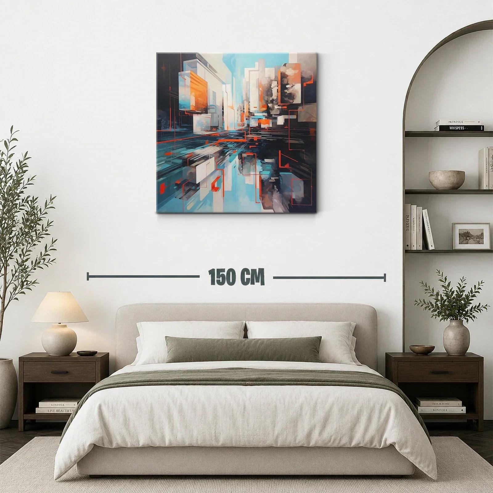 Cuadro abstracto urbano en tonos azules y naranjas vibrantes — miniatura 3
