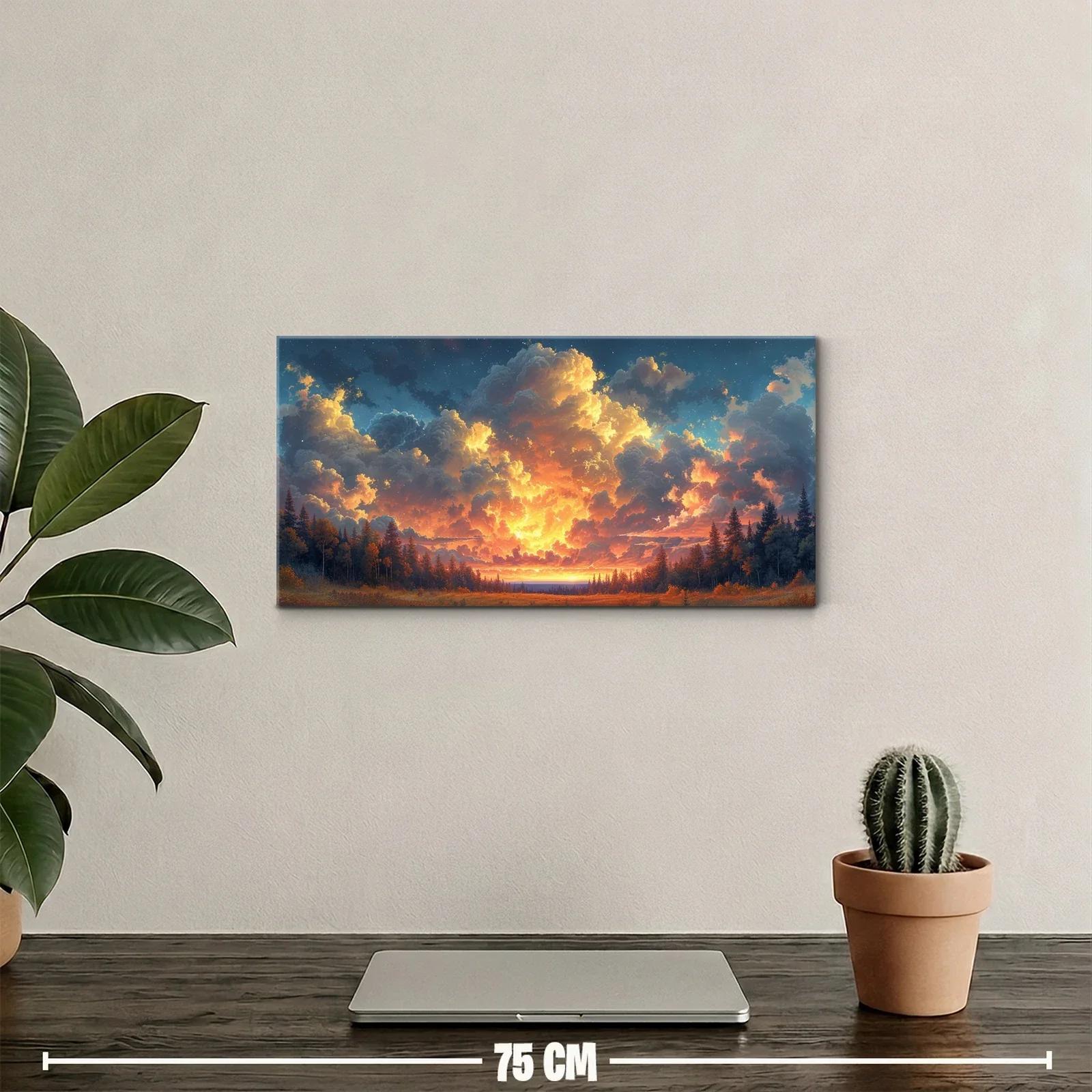 Cuadro atardecer entre nubes sobre un bosque enmarcado por árboles — miniatura 2