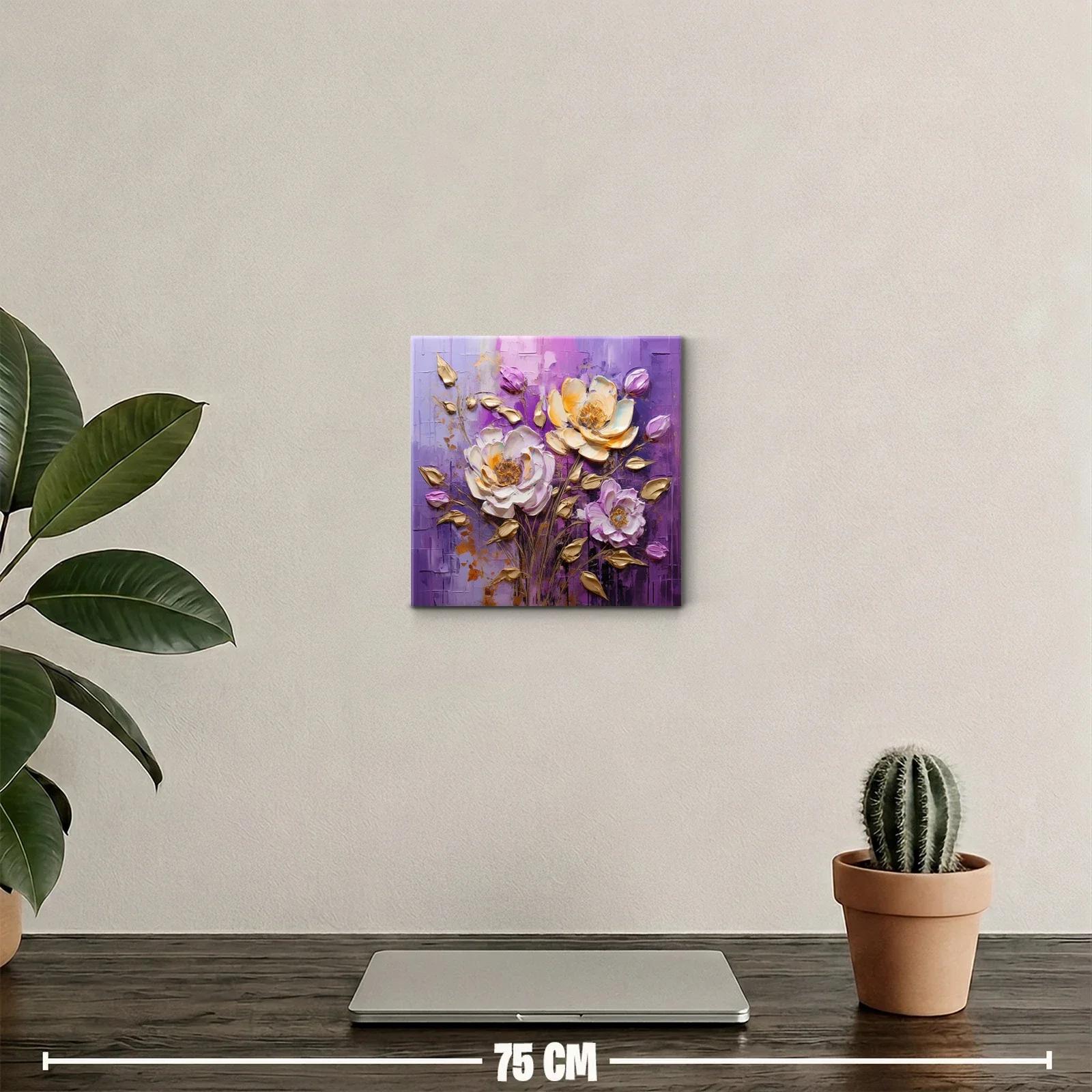 Cuadro floral con relieves y tonos púrpuras y dorados — miniatura 2