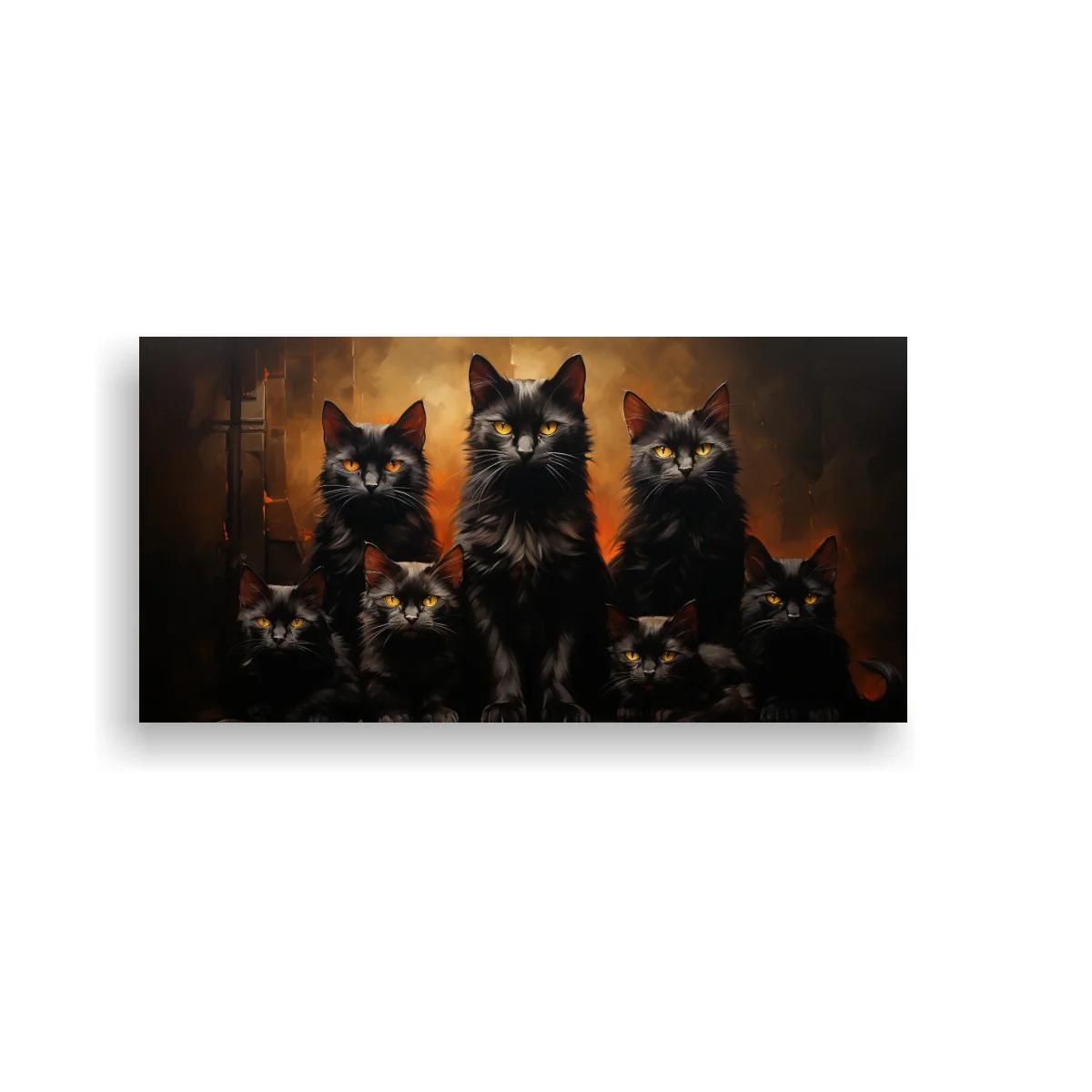 Cuadro grupo de gatos negros sobre fondo cálido sombrío — imagen principal