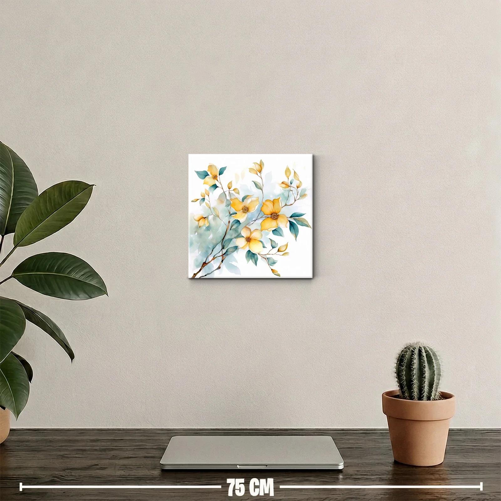 Cuadro decorativo con flores amarillas y hojas verdes pintadas — miniatura 2