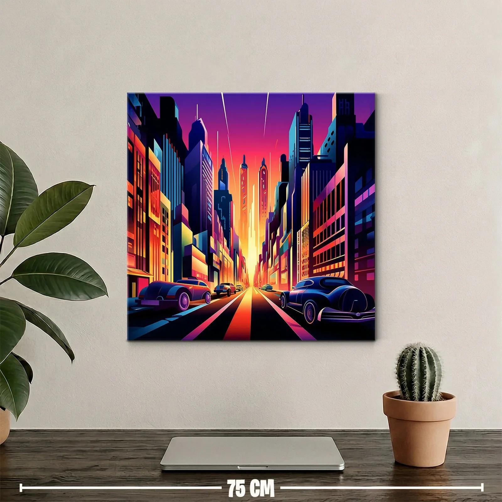 Atardecer vibrante en ciudad futurista con coches clásicos — miniatura 2