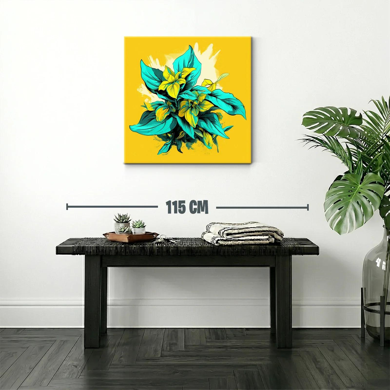 Composición Vibrante con Flores y Hojas en Amarillo y Turquesa — miniatura 2