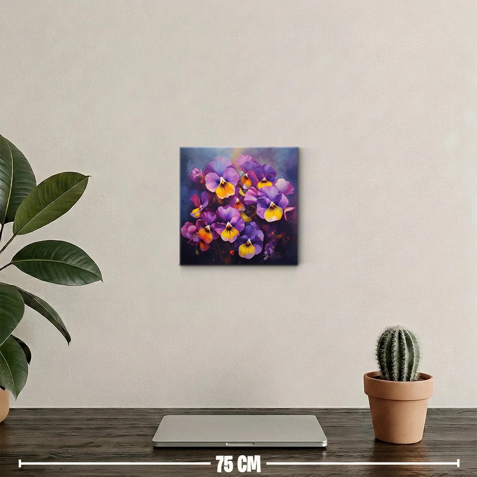 Cuadro decorativo con vibrantes flores pansé en tonos púrpura y amarillo — miniatura 2