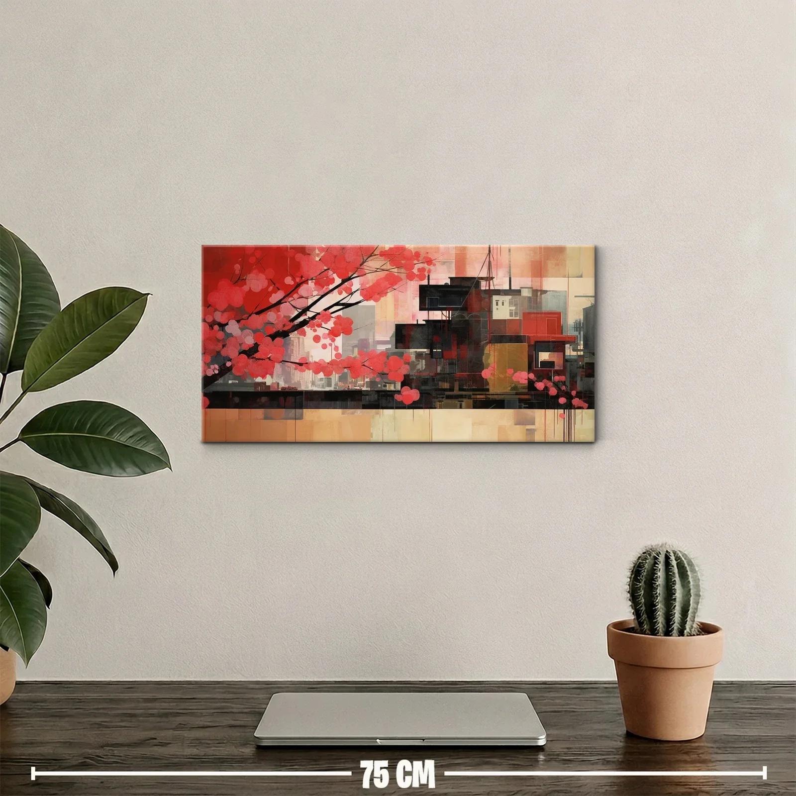Cuadro flores de cerezo con skyline geométrico — miniatura 2