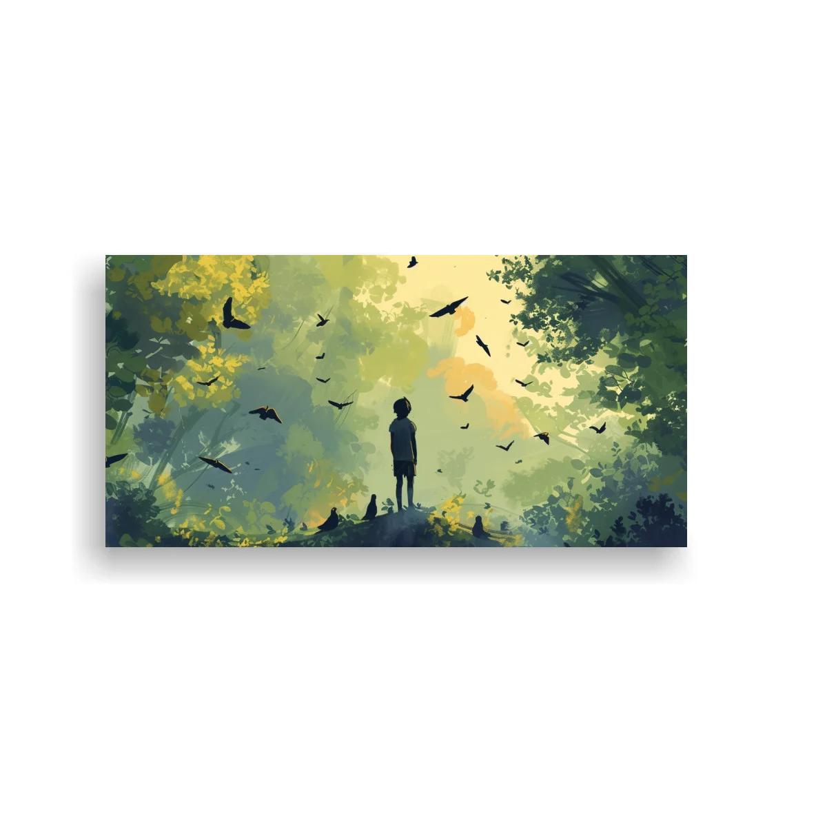 Cuadro figura humana en el bosque con aves volando — imagen principal