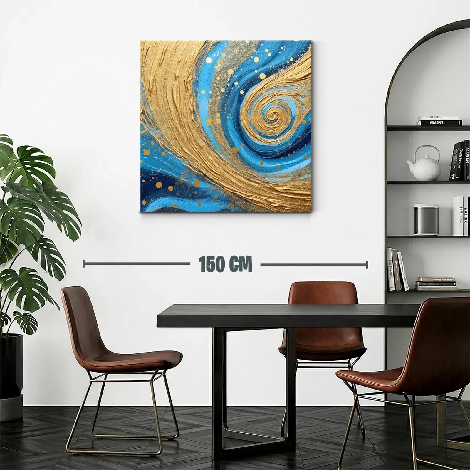 Cuadro abstracto con remolinos dorados y tonos azules — miniatura 2