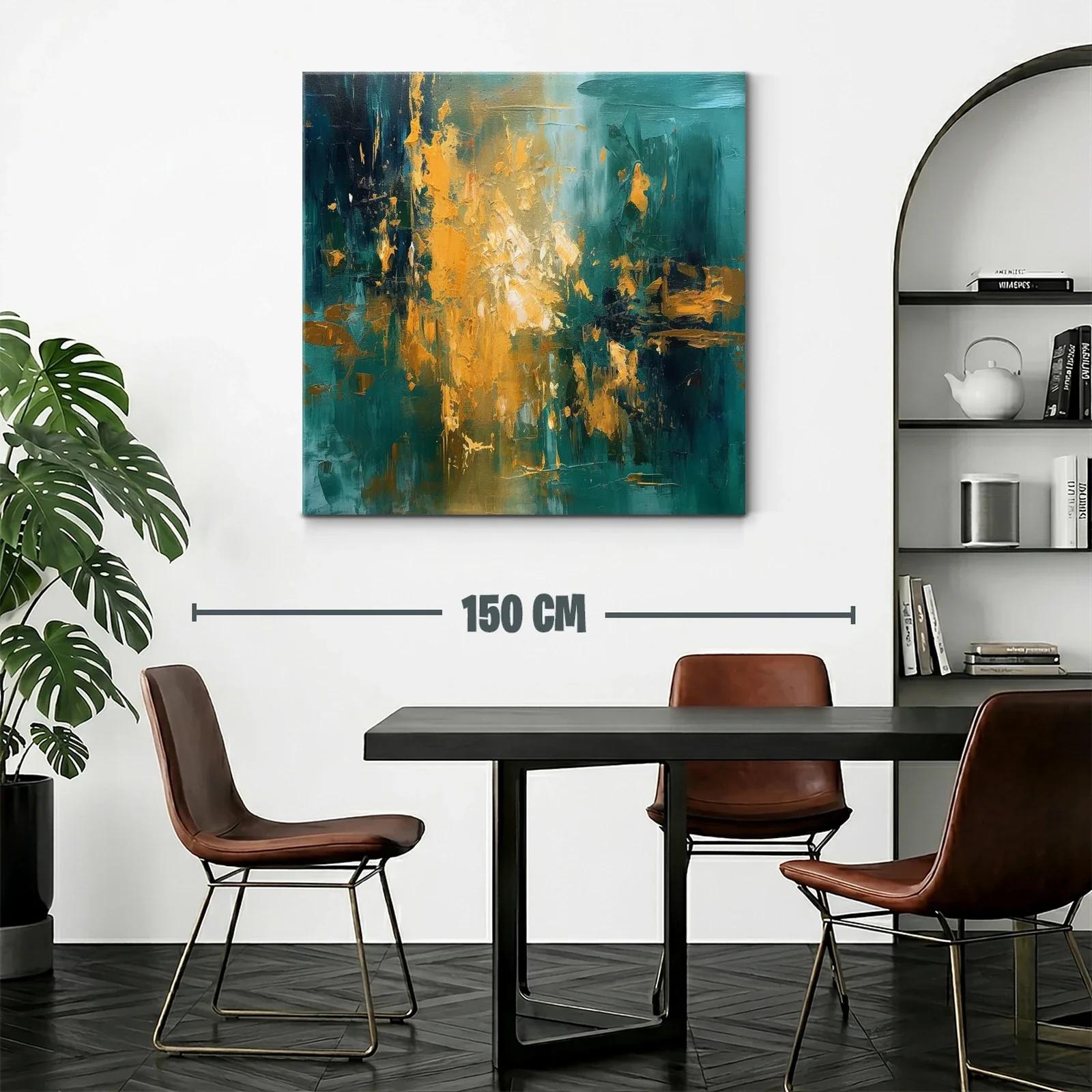Cuadro abstracto con tonos dorados y verdes vibrantes — miniatura 2