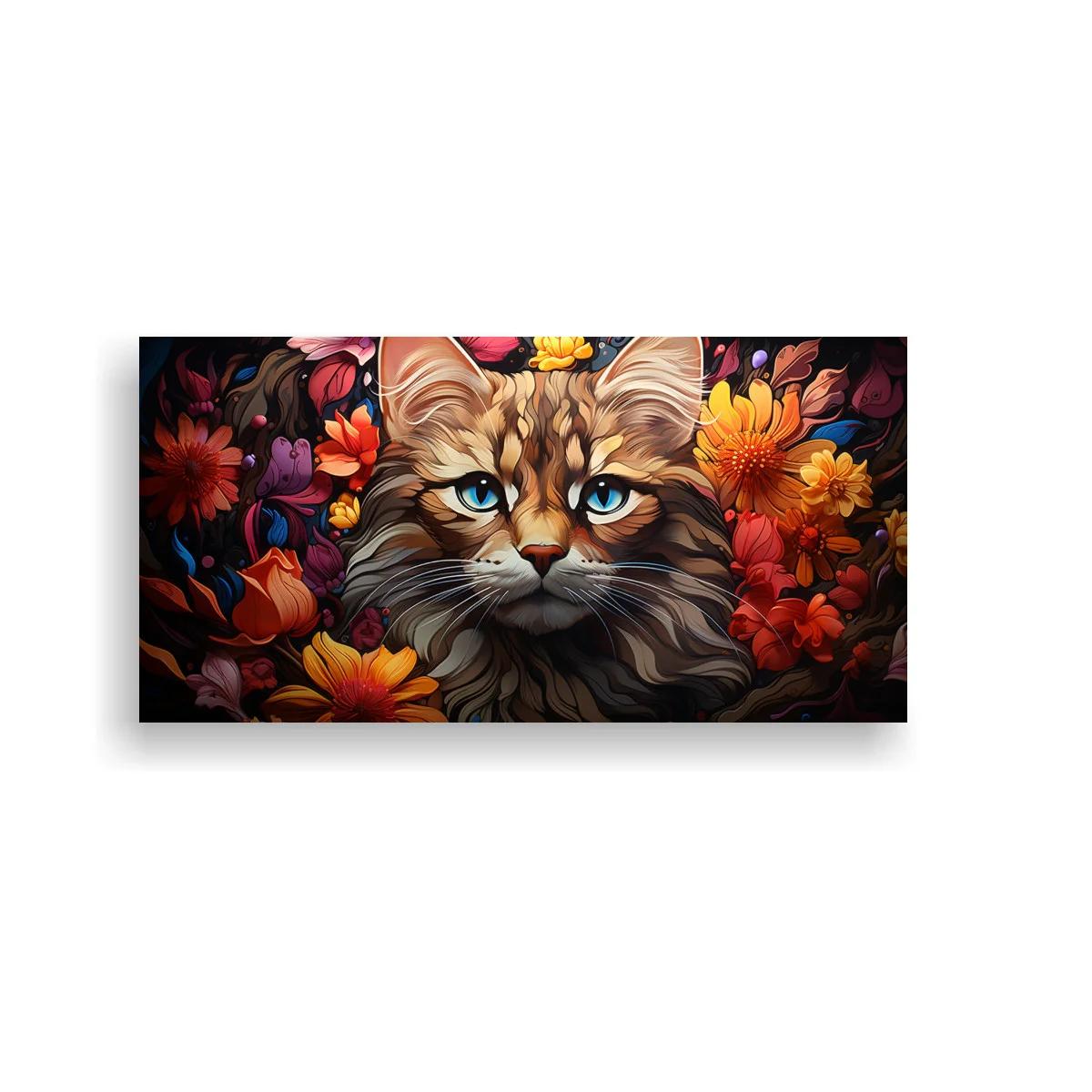 Cuadro gato de pelo largo con fondo oscuro y flores vibrantes — imagen principal