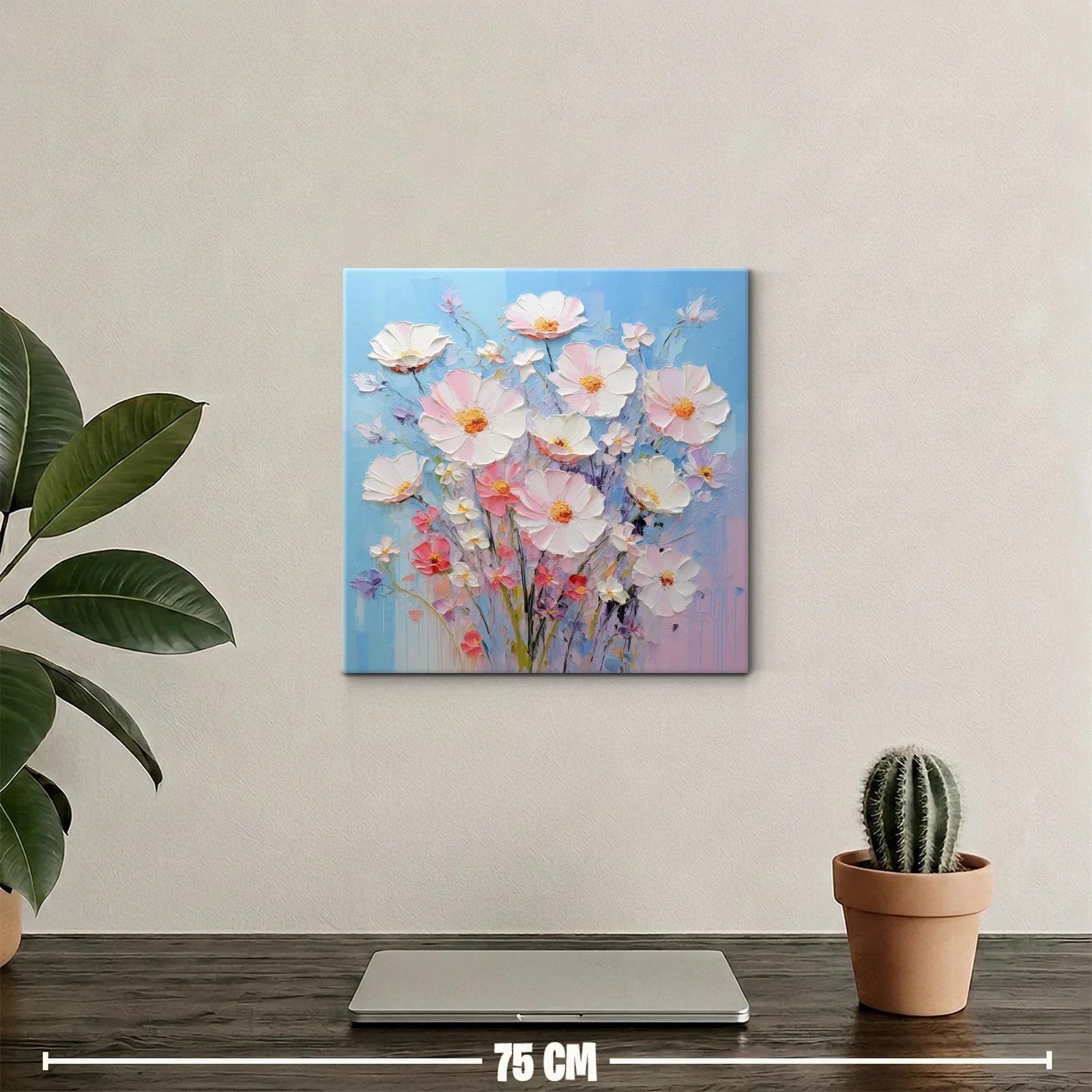 Cuadro ramo de flores delicadas en tonos pastel y fondo azul — miniatura 2