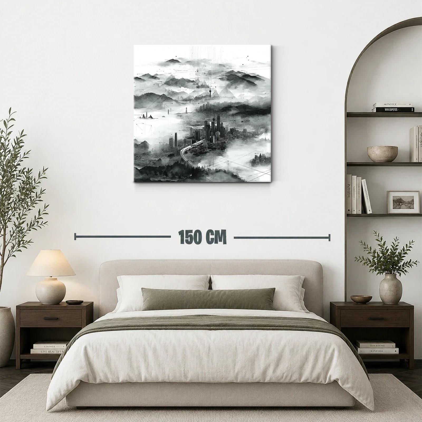 Paisaje urbano en niebla con detalles abstractos en tonos grises — miniatura 3