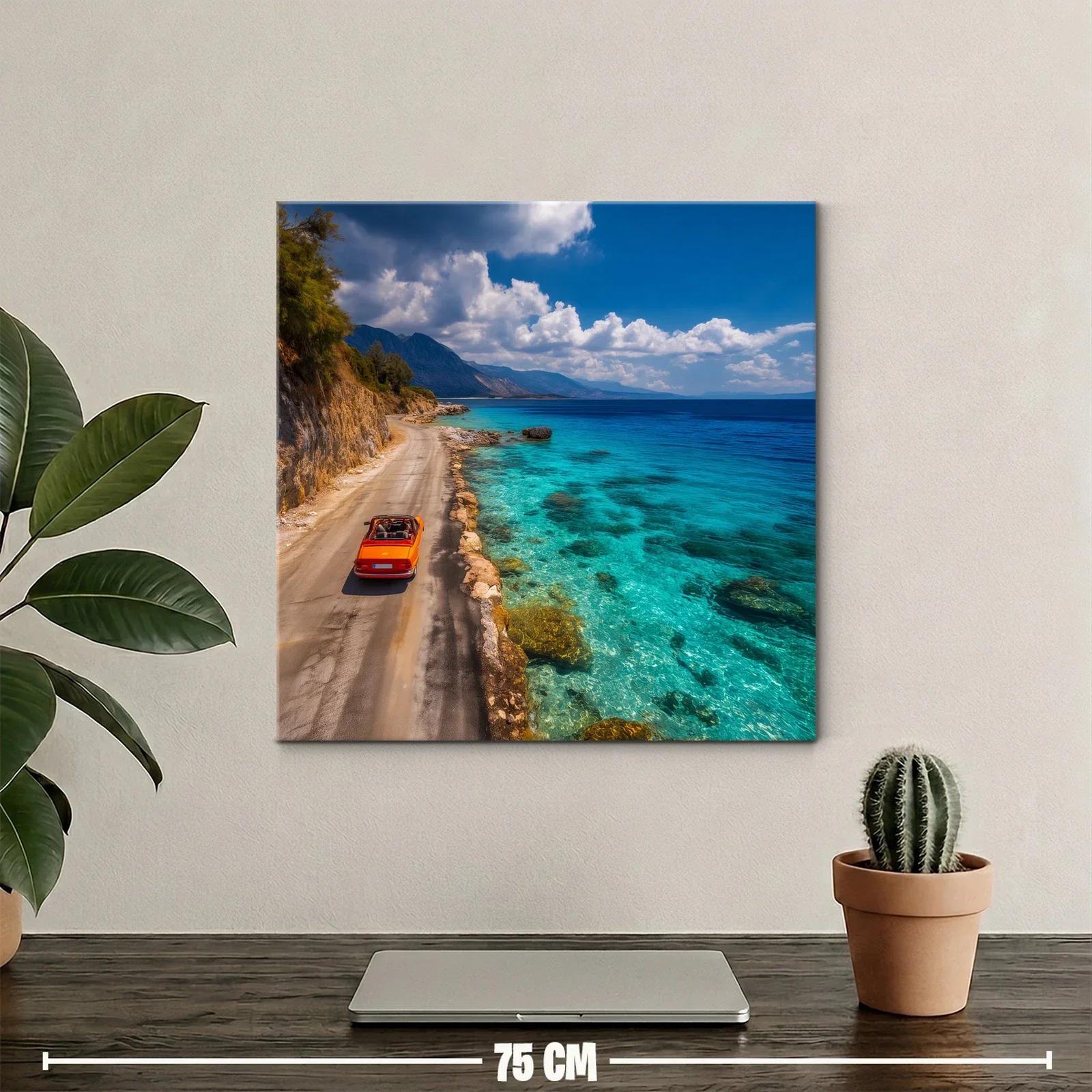 Paisaje costero con coche rojo y mar turquesa brillante — miniatura 2