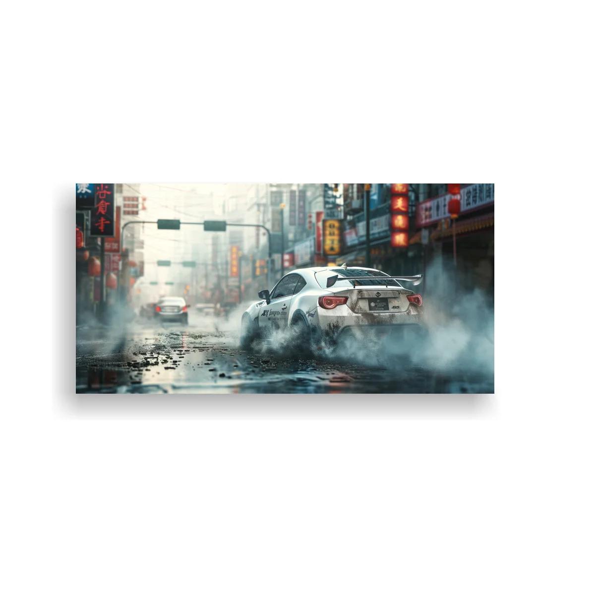 Cuadro coche deportivo blanco derrapando con neblina — imagen principal