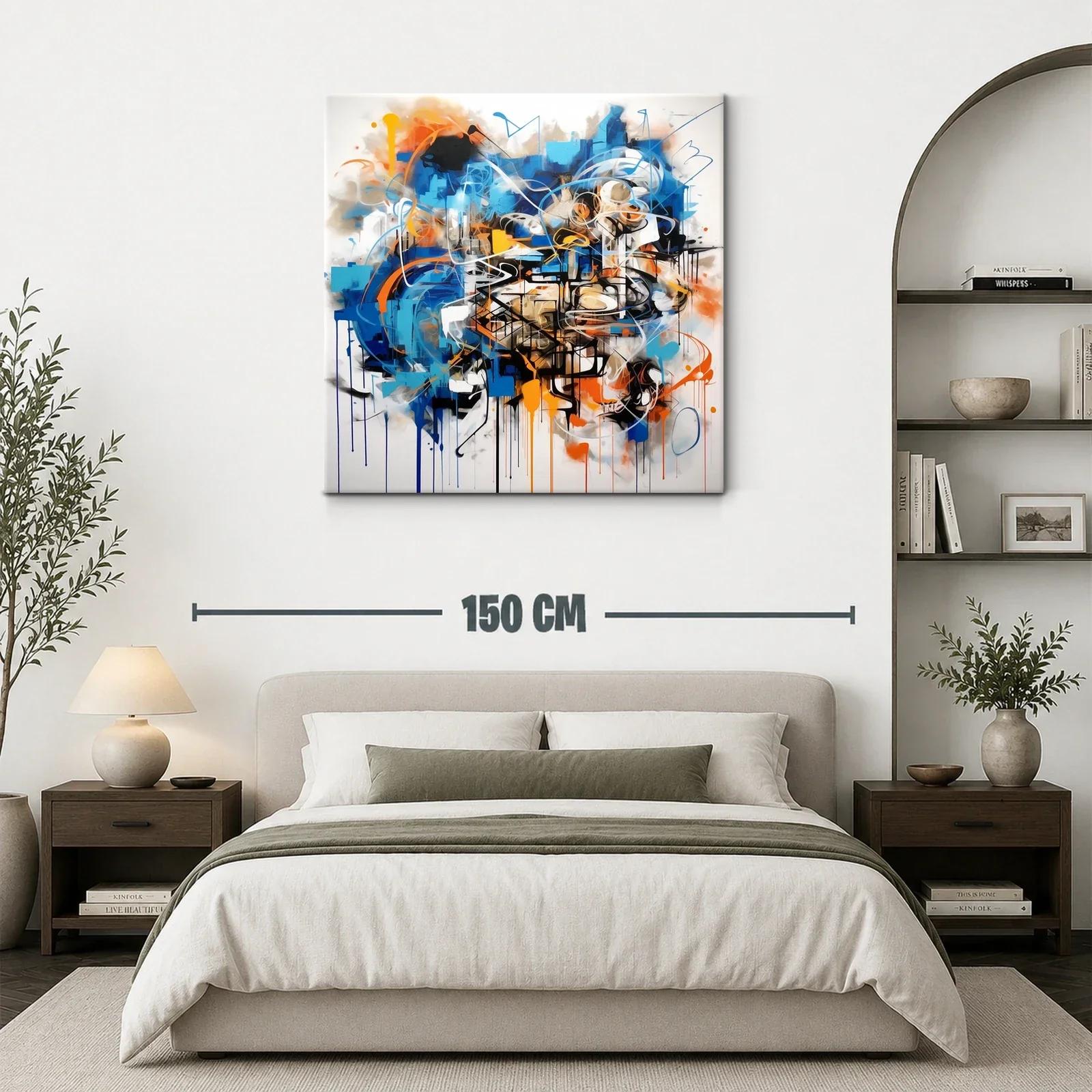 Cuadro Abstracto con Dinámicos Trazos en Azul y Naranja — miniatura 3