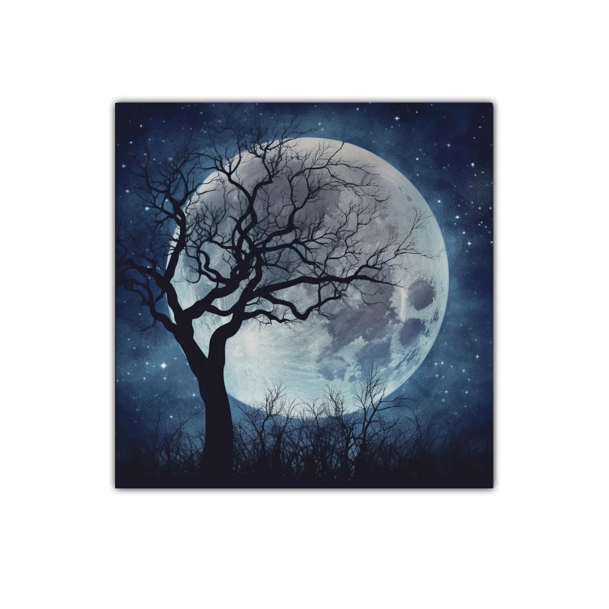 Luna llena iluminando árbol desnudo y cielo estrellado — miniatura 1
