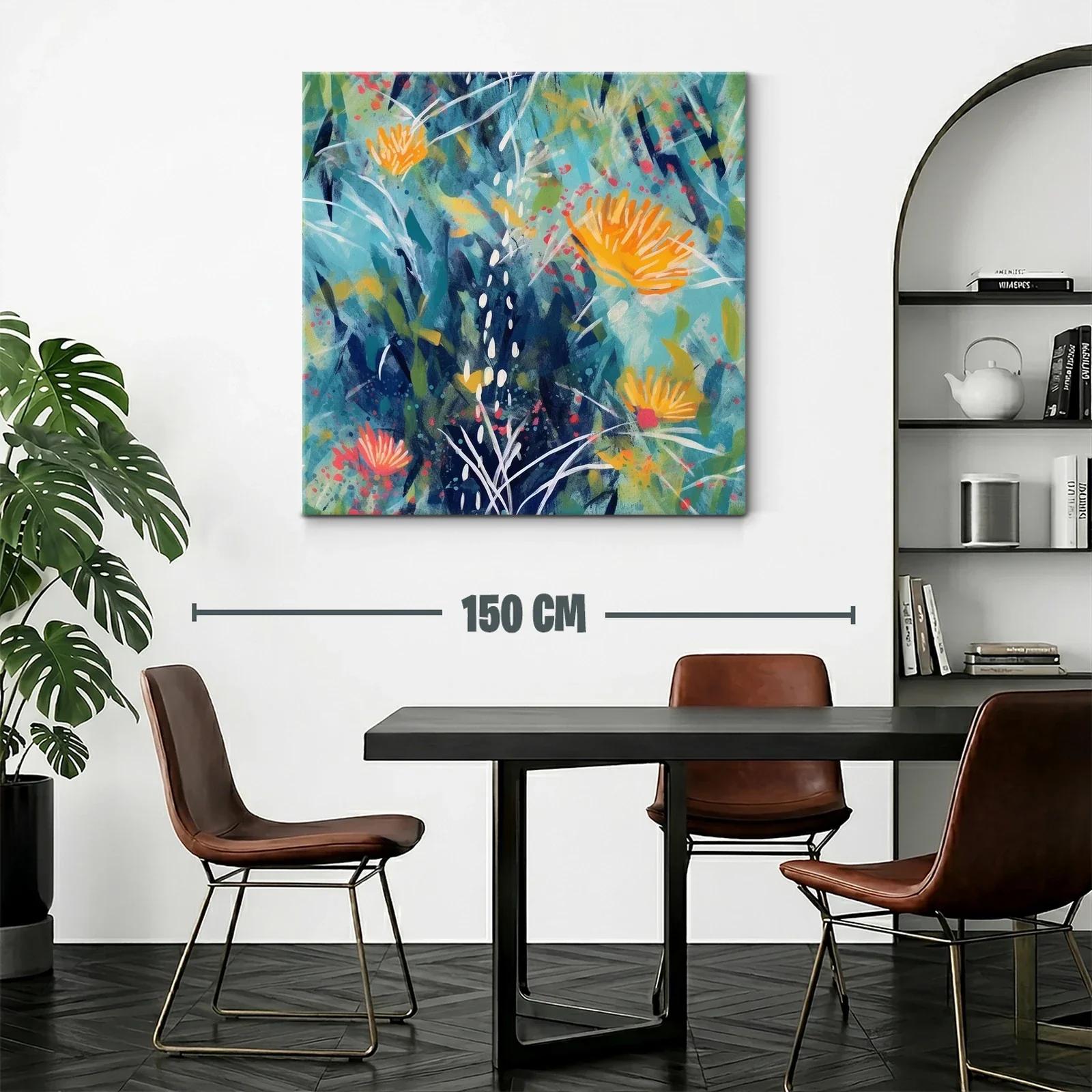 Cuadro abstracto floral en tonos azules y naranjas vivos — miniatura 2