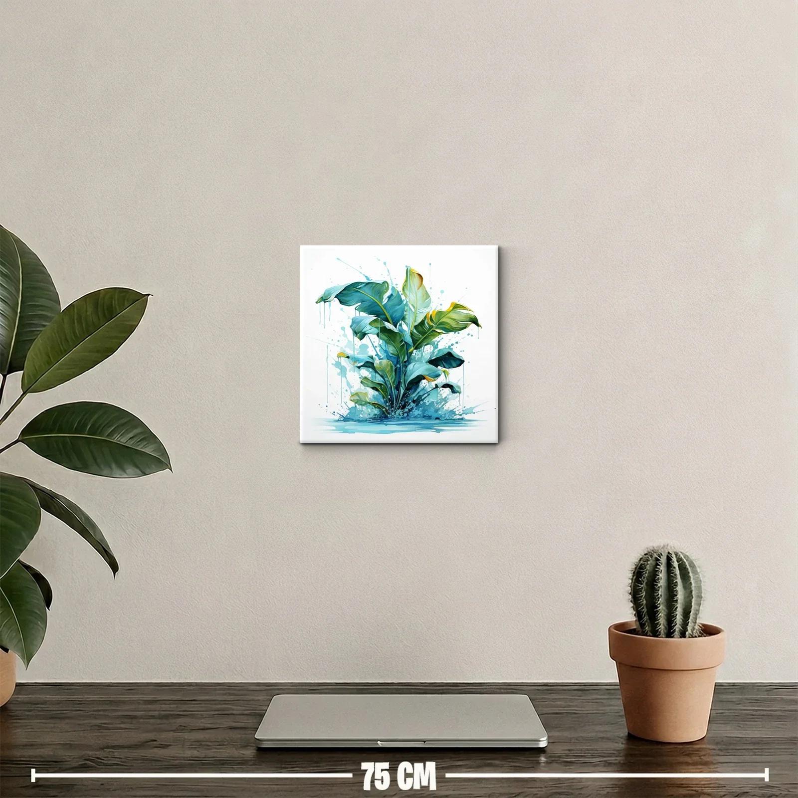 Cuadro decorativo con hojas verdes y salpicaduras azules — miniatura 2