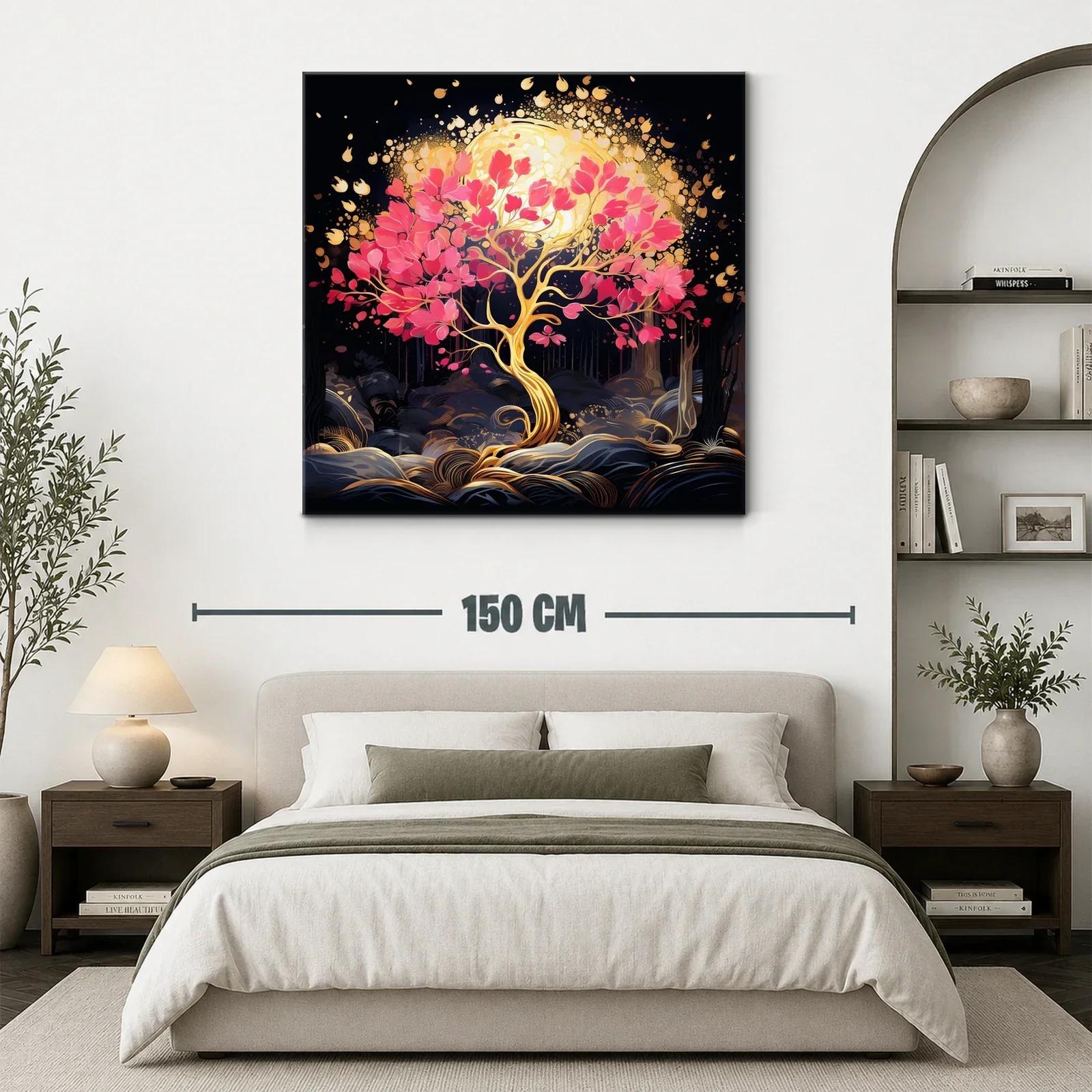 Árbol dorado con hojas rosas y luz resplandeciente — miniatura 3