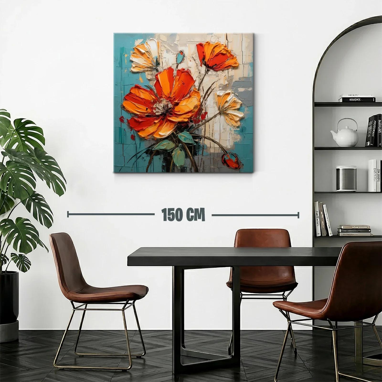 Cuadro floral con vibrantes tonos naranja y turquesa — miniatura 2