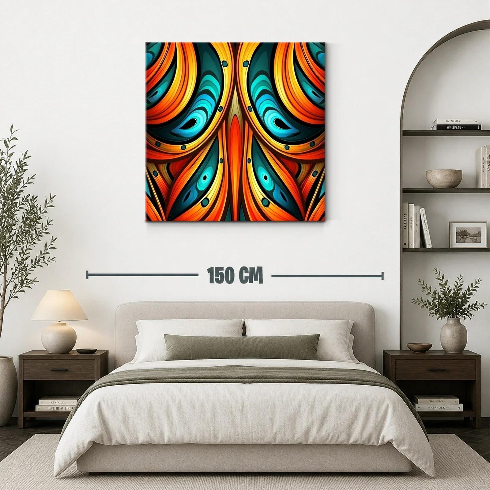 Cuadro abstracto con formas curvas en tonos cálidos y fríos — miniatura 3