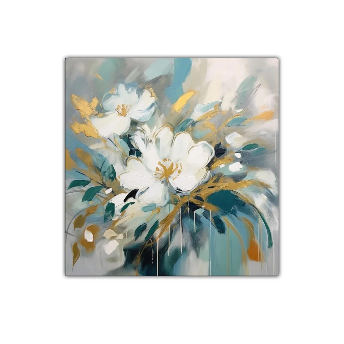 Cuadro decorativo de flores blancas con detalles dorados — miniatura 1