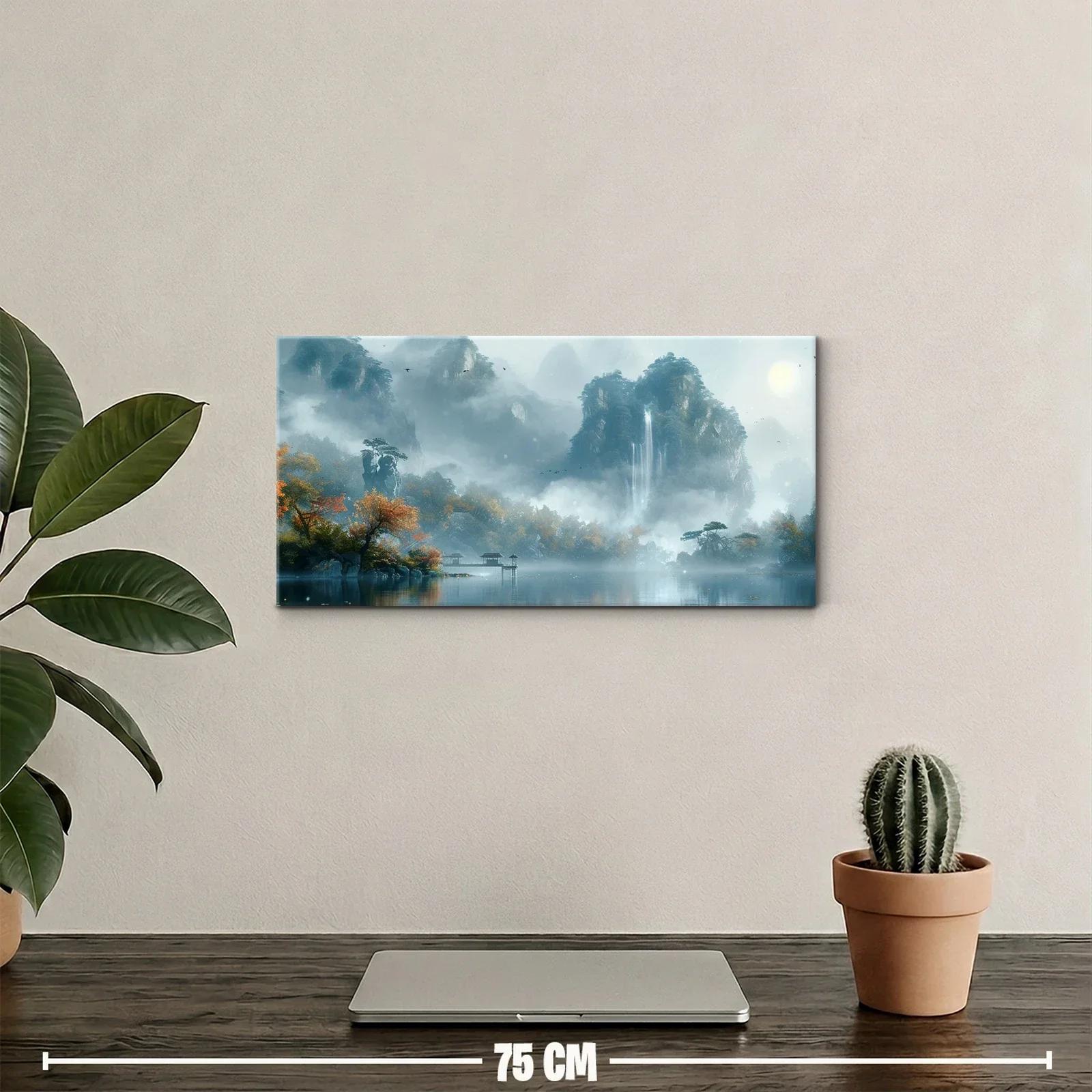 Cuadro paisaje de lago con montañas y cascada vertical — miniatura 2