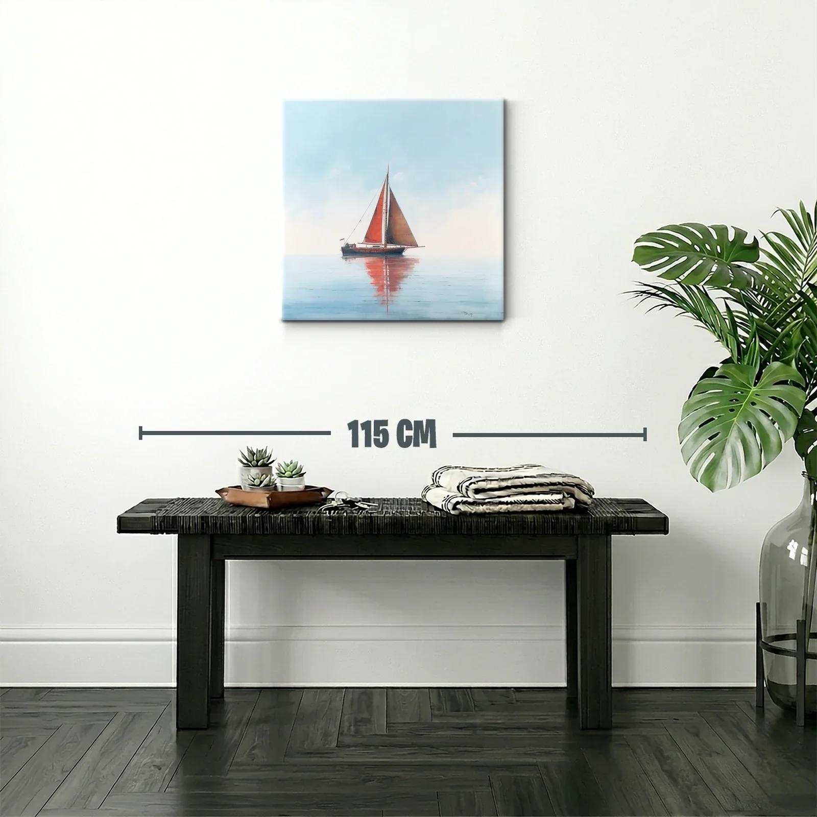 Velero con vela roja en mar tranquilo y cielo claro — miniatura 2