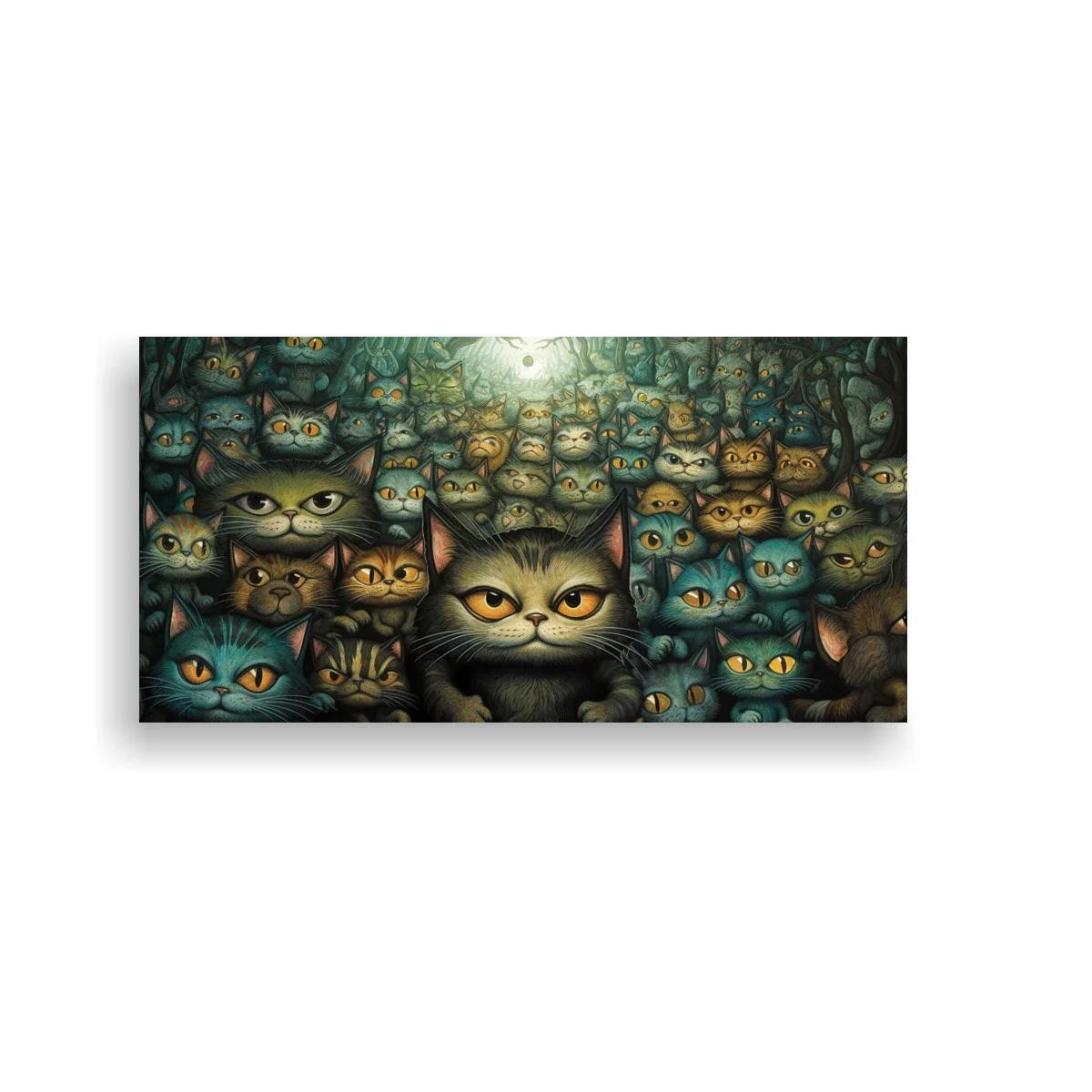 Cuadro grupo de gatos con mirada intensa y luz superior — imagen principal