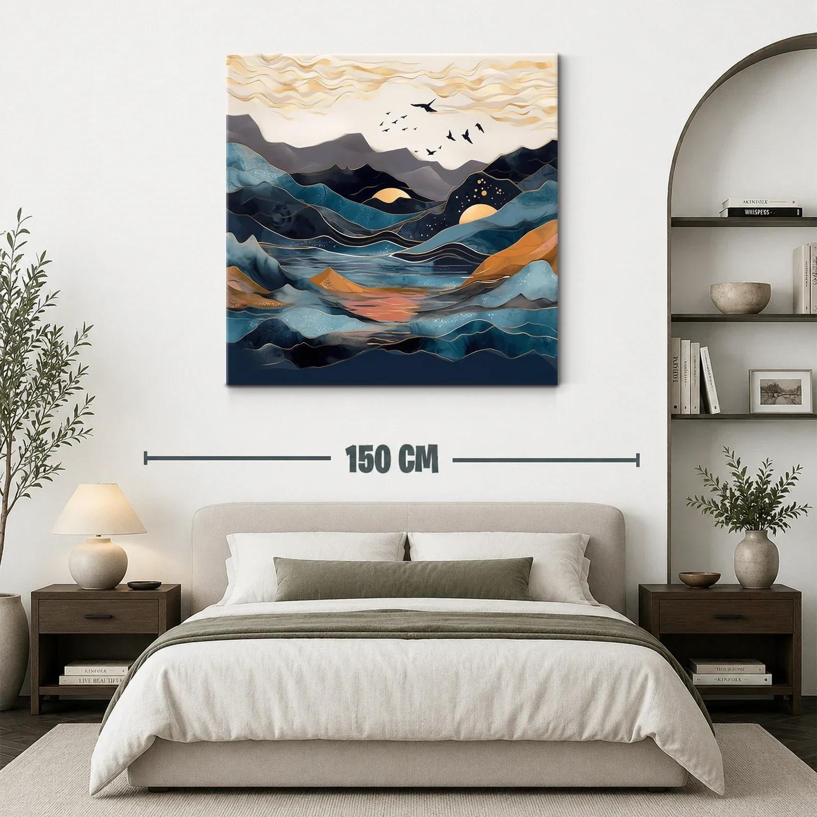 Paisaje abstracto con montañas y aves en tonos azules y dorados — miniatura 3