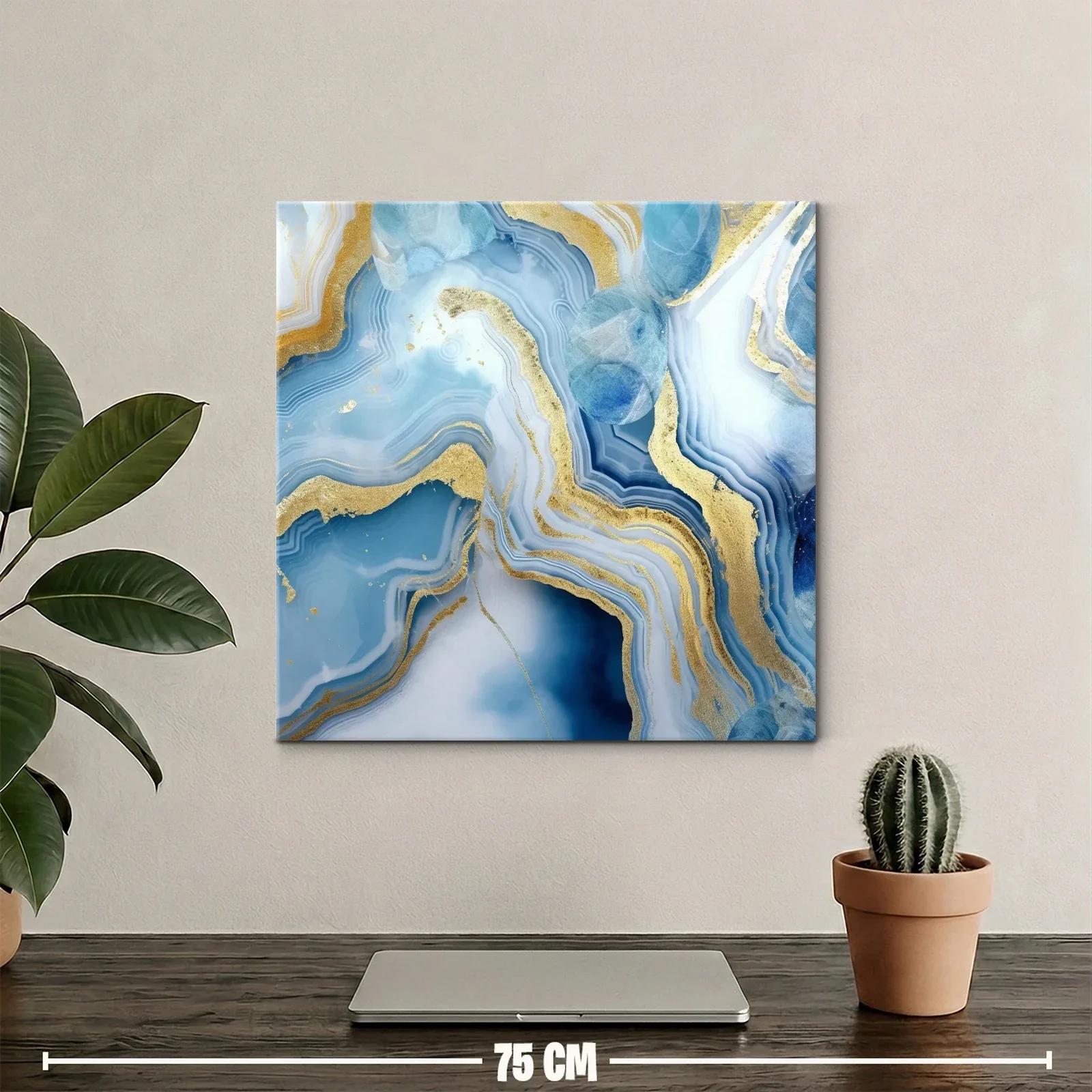 Cuadro abstracto con vetas azules y doradas vibrantes — miniatura 2