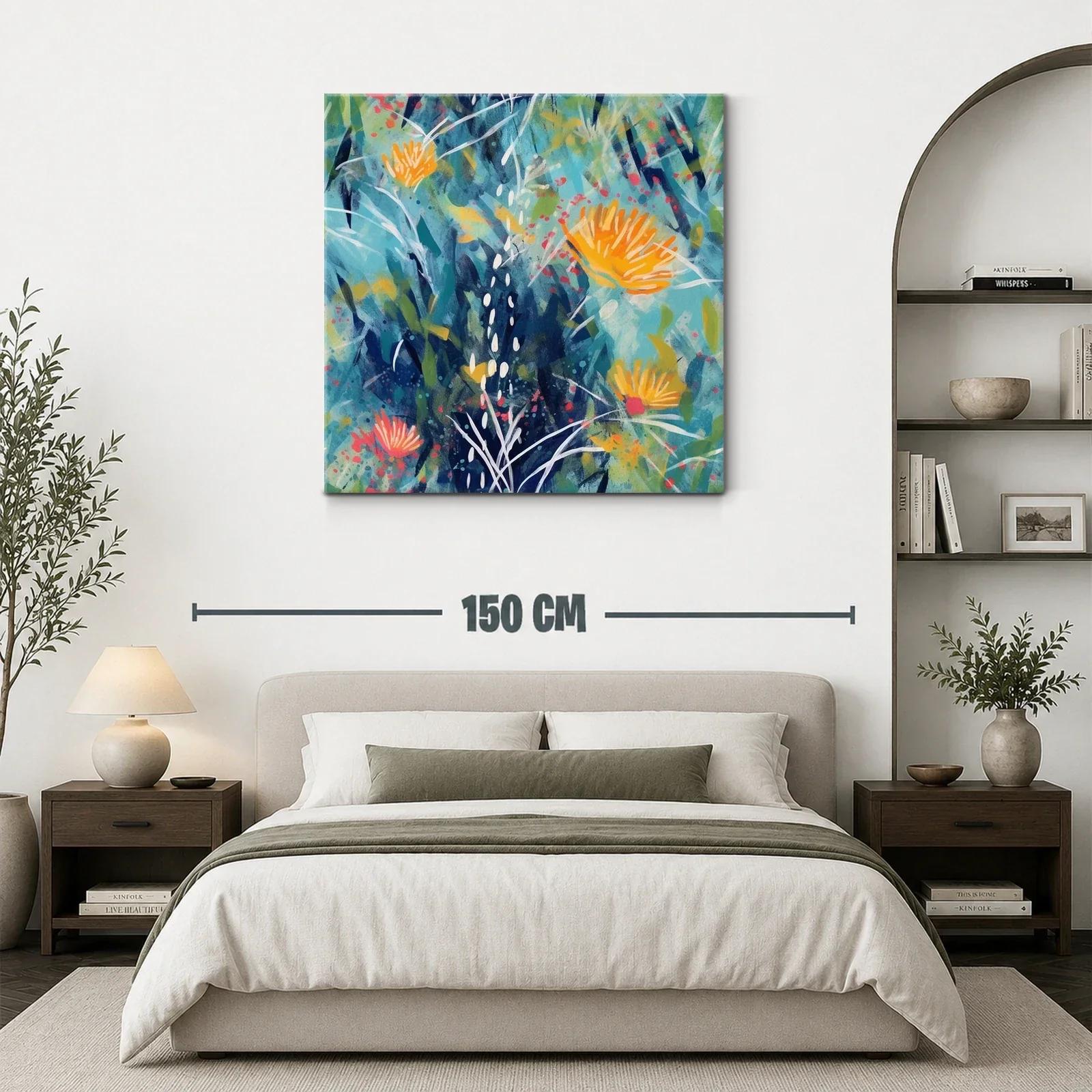 Cuadro abstracto floral en tonos azules y naranjas vivos — miniatura 3