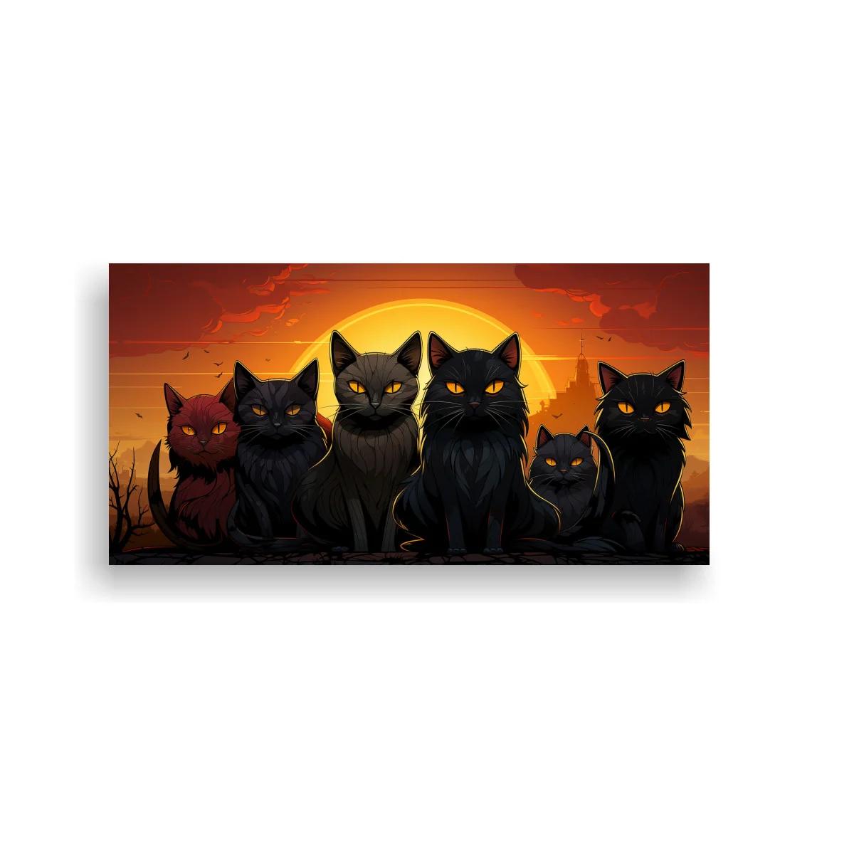 Cuadro grupo de gatos negros con ojos amarillos y sol poniente — imagen principal