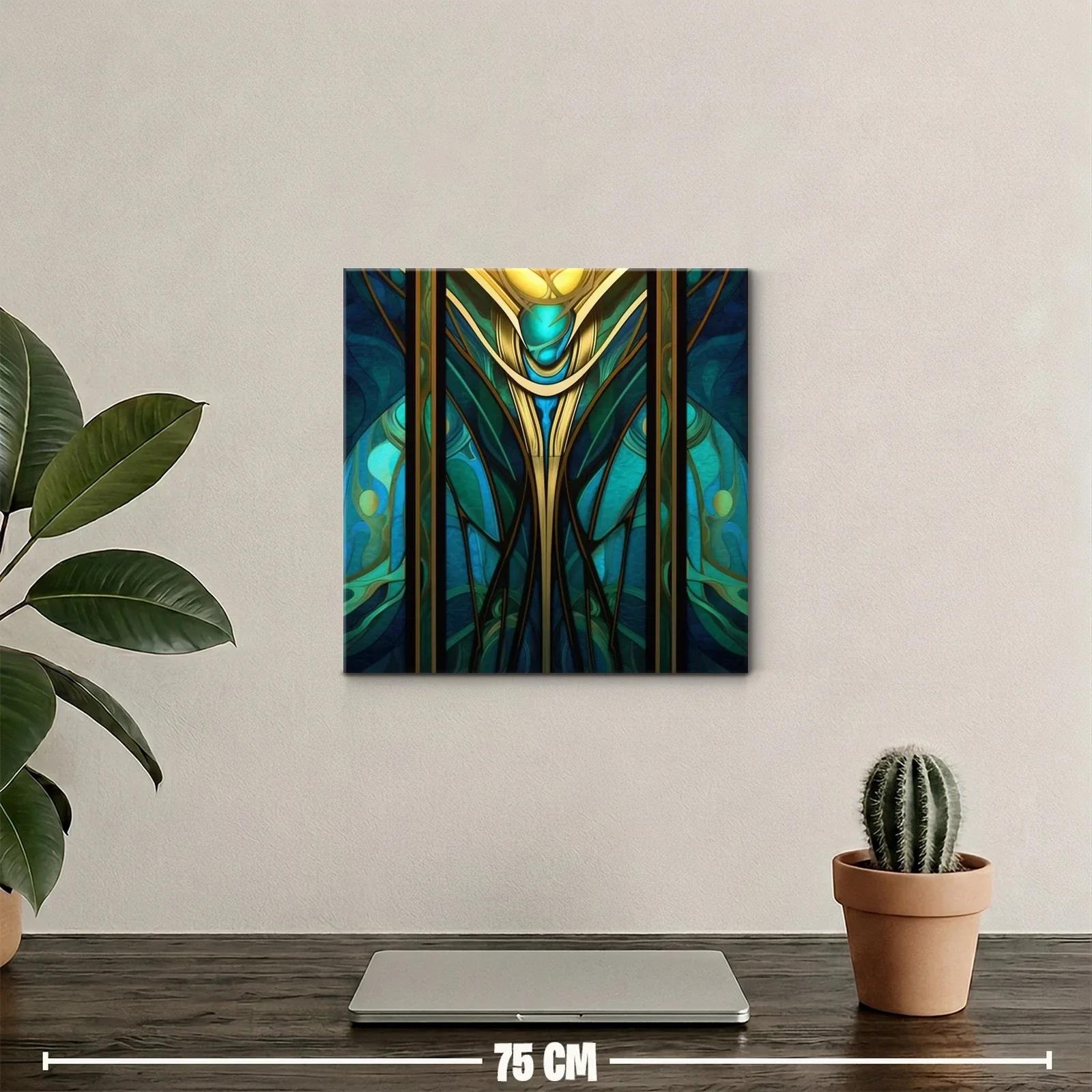 Cuadro abstracto con motivos dorados y turquesas vibrantes — miniatura 2