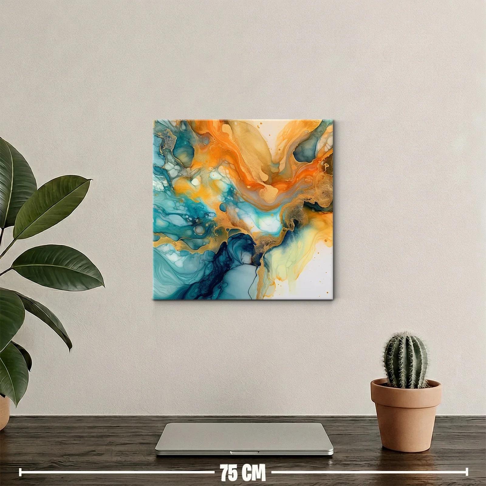 Cuadro abstracto en tonos turquesa y dorado vibrante — miniatura 2