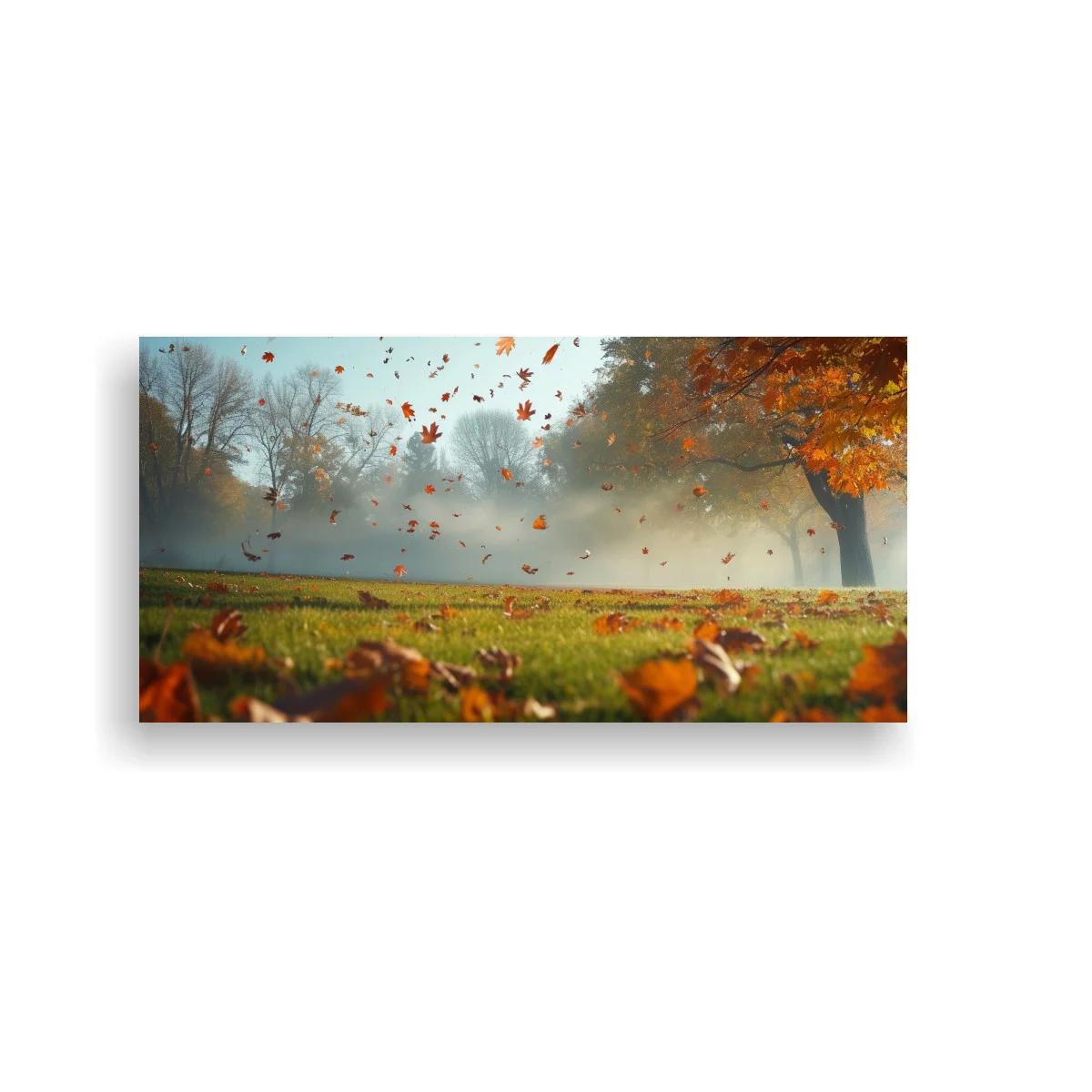 Cuadro paisaje otoñal con hojas caídas y bruma — imagen principal