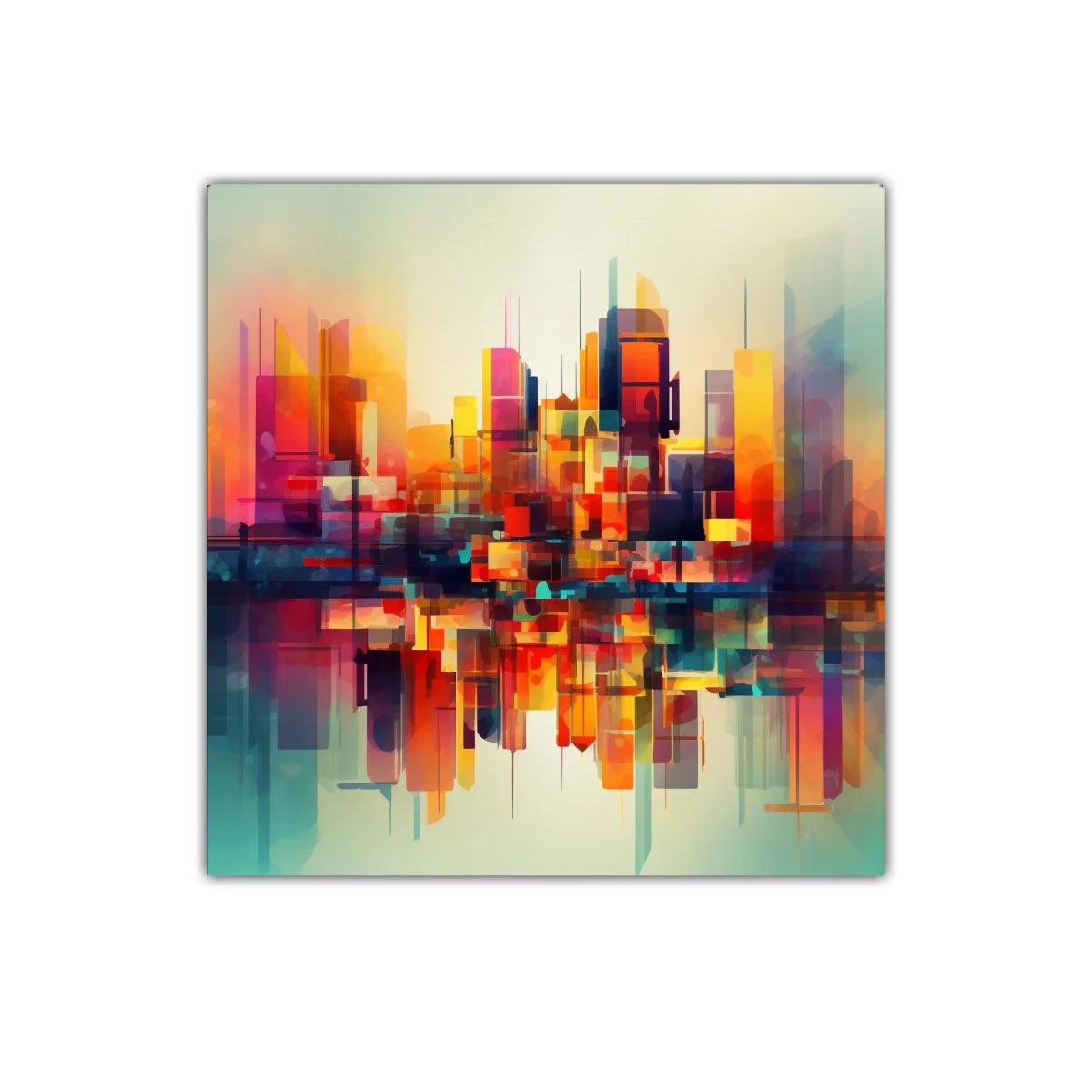 Cuadro abstracto con ciudad vibrante y reflejos coloridos — miniatura 1