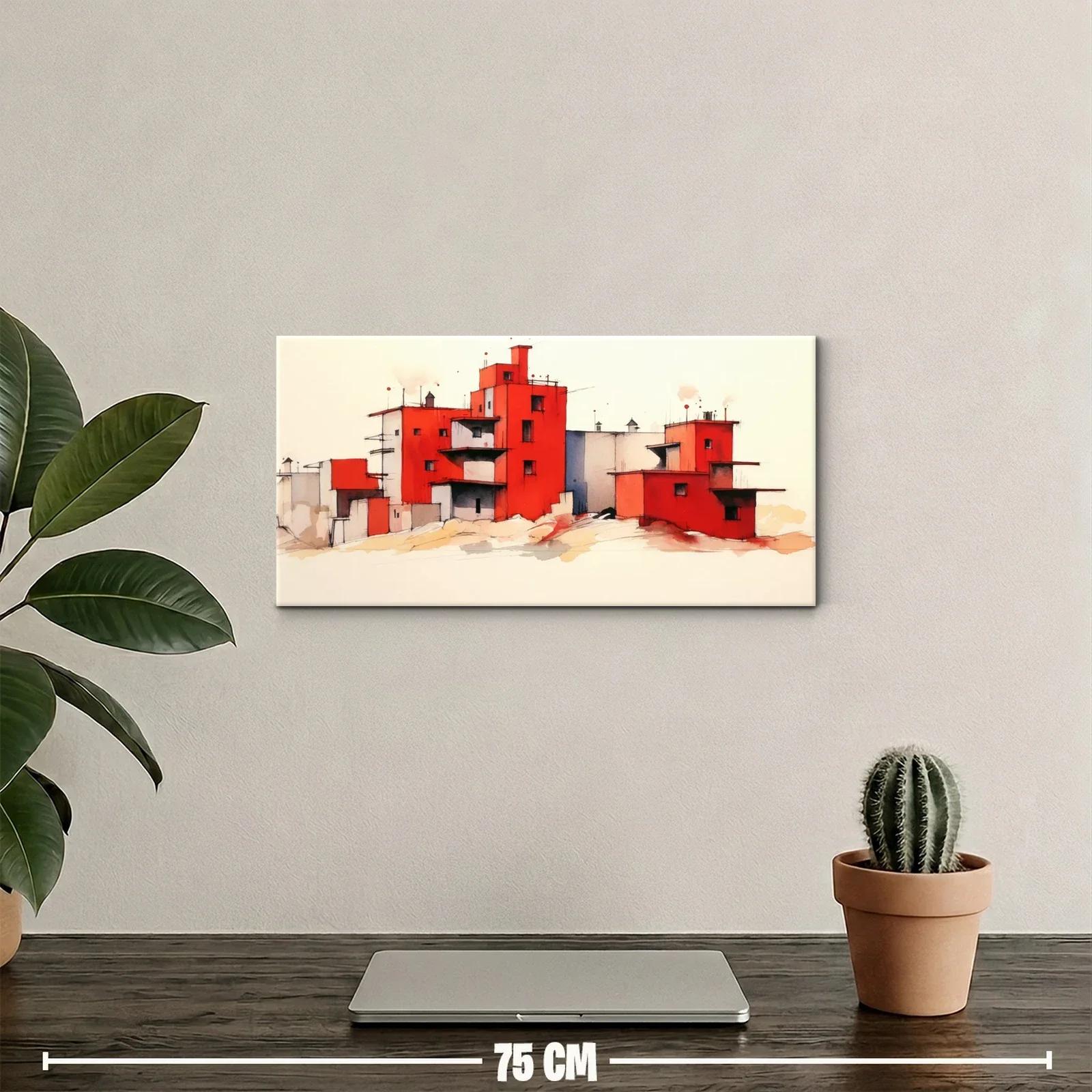 Cuadro casas rojas en acuarela con fondo claro — miniatura 2