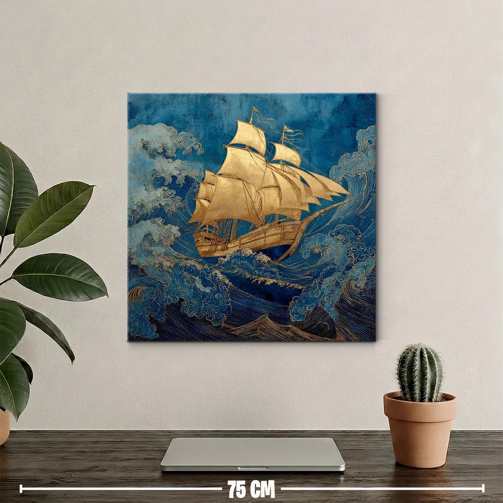 Barco dorado navegando entre olas en tonos azules — miniatura 2