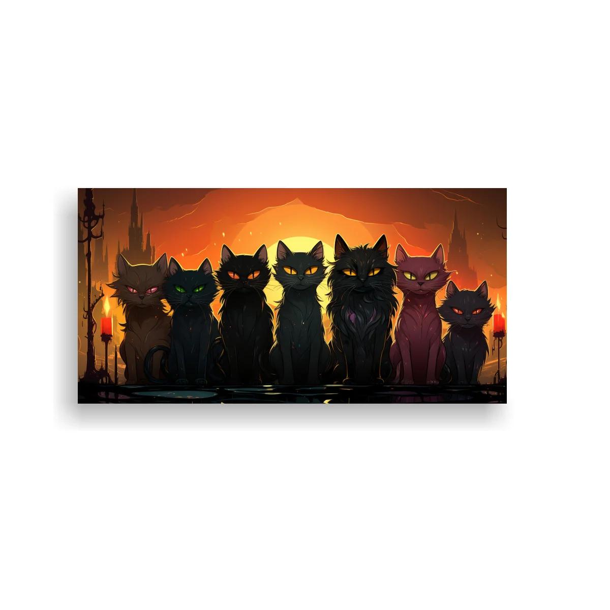 Cuadro grupo de gatos negros con velas encendidas